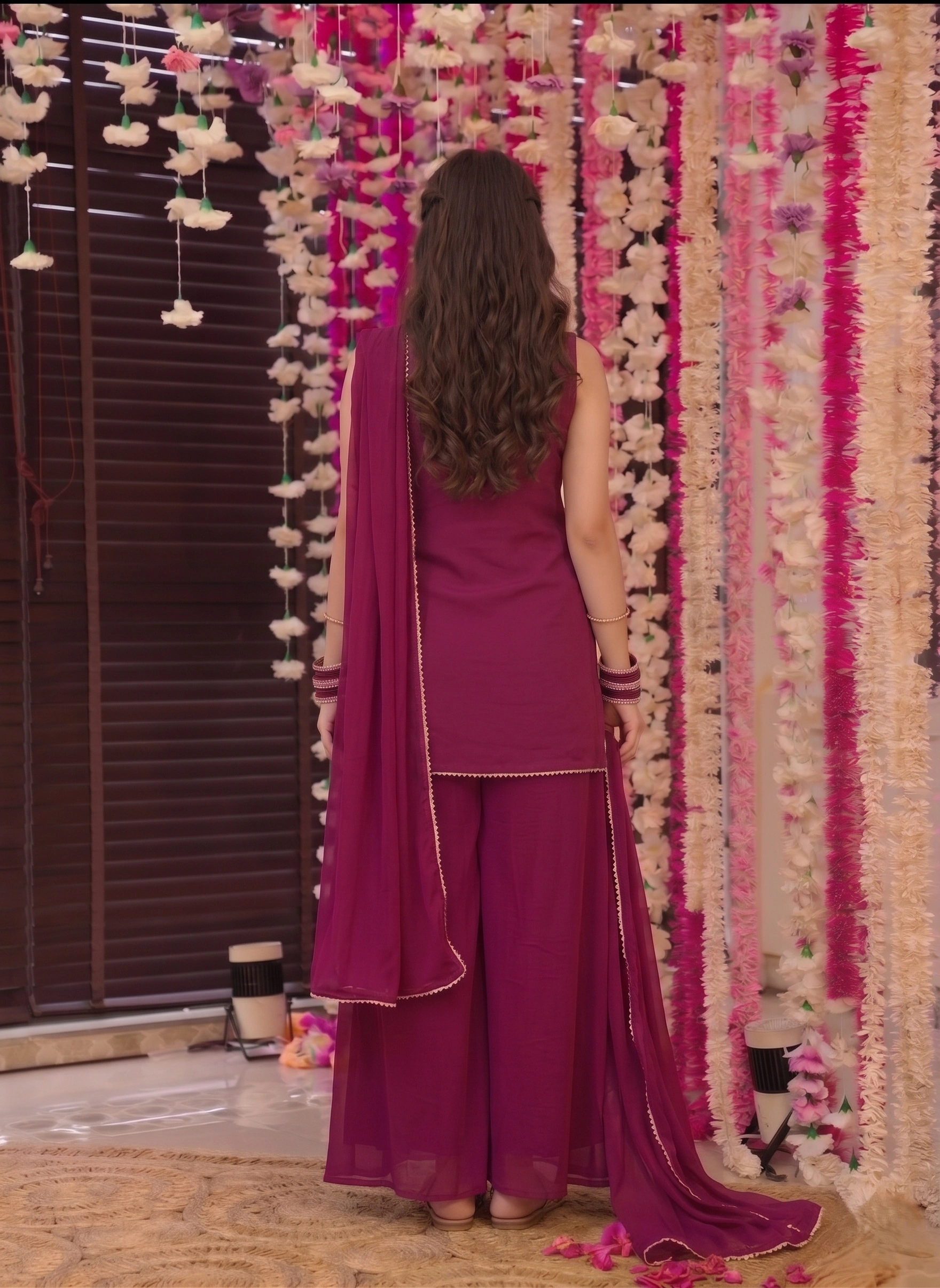 Women Embroidered Kurta Sharara Set with Dupatta – Wine Purple Ethnic Suit - Image 2