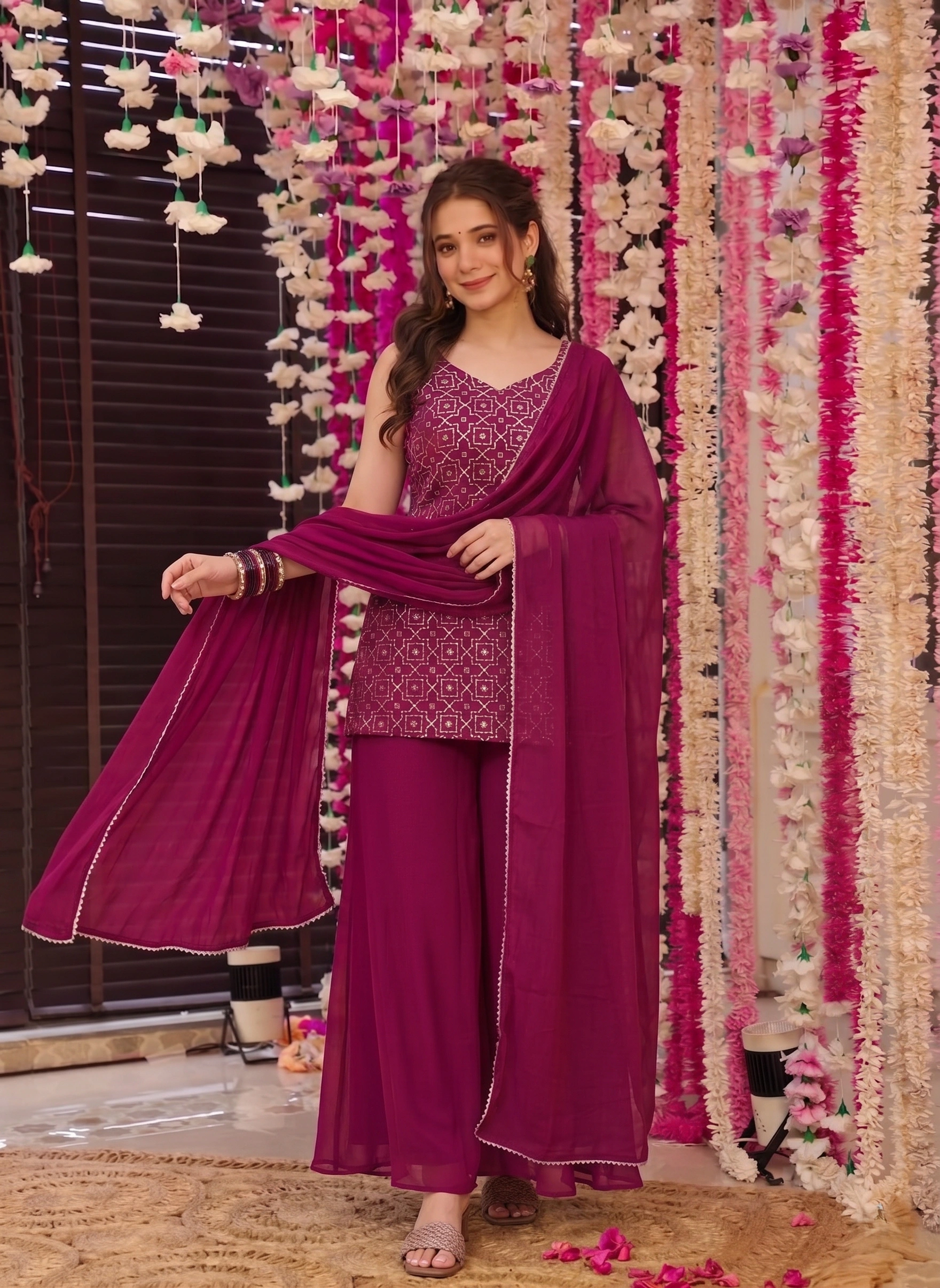 Women Embroidered Kurta Sharara Set with Dupatta – Wine Purple Ethnic Suit - Image 3