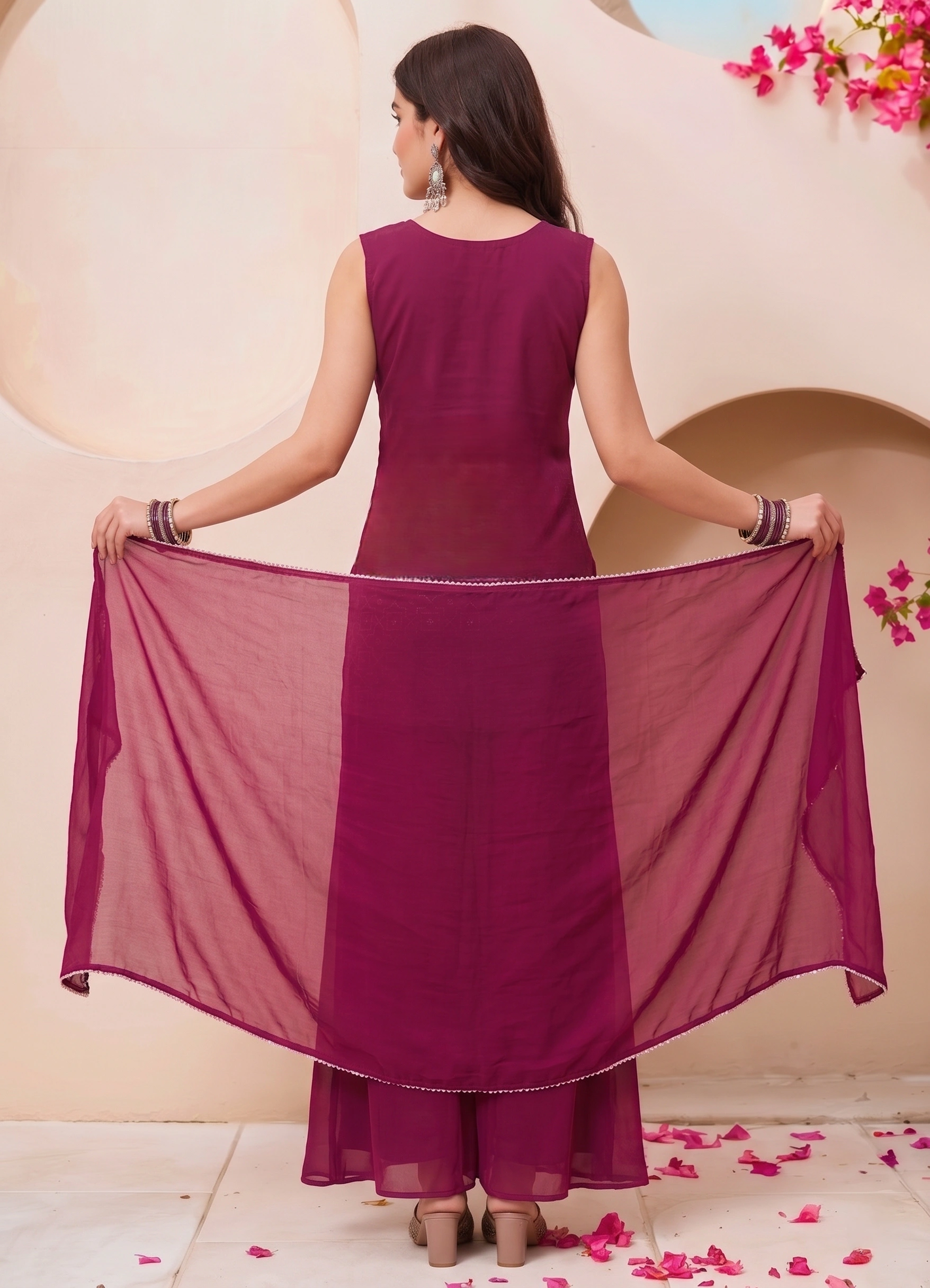Women Embroidered Kurta Sharara Set with Dupatta – Wine Purple Ethnic Suit - Image 4