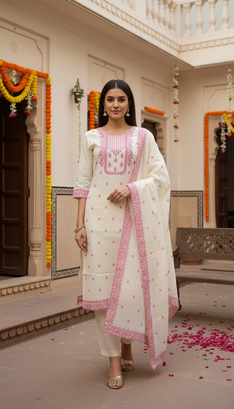 Women Cotton Embroidered Kurta Pant Set with Dupatta – Off White &amp;amp;amp;amp;amp;amp; Pink Ethnic Wear - Image 1