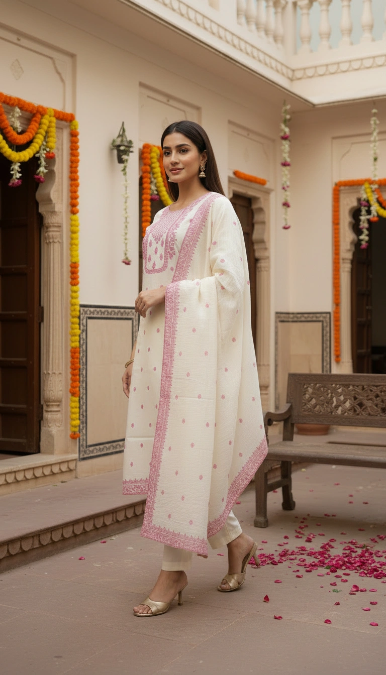 Women Cotton Embroidered Kurta Pant Set with Dupatta – Off White &amp;amp;amp;amp;amp;amp; Pink Ethnic Wear - Image 2