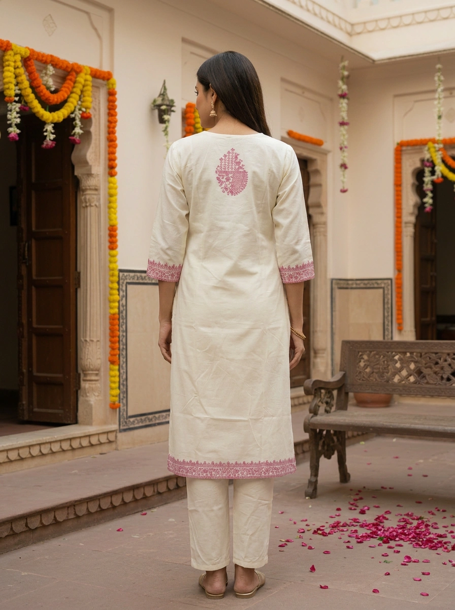 Women Cotton Embroidered Kurta Pant Set with Dupatta – Off White &amp;amp;amp;amp;amp;amp; Pink Ethnic Wear - Image 3