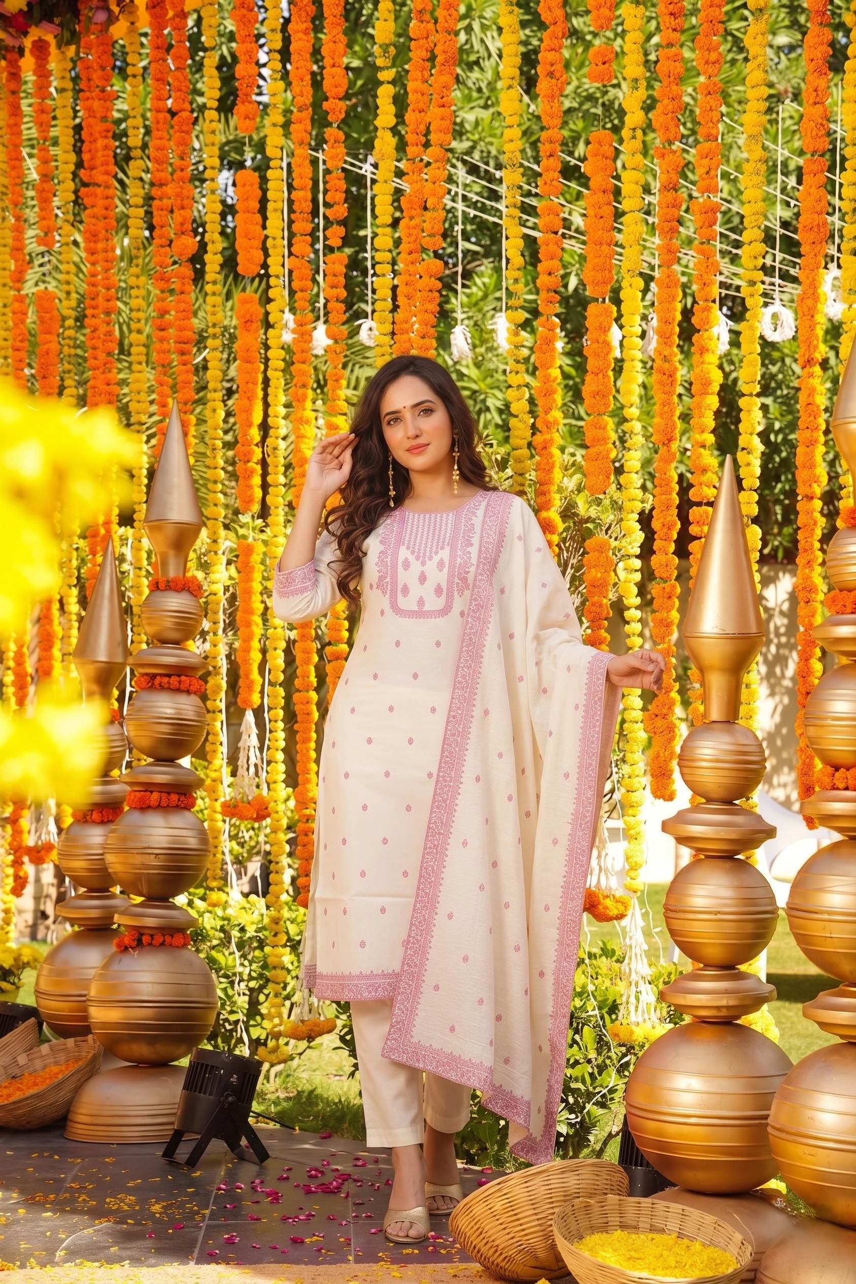 Women Cotton Embroidered Kurta Pant Set with Dupatta – Off White &amp;amp;amp;amp;amp;amp; Pink Ethnic Wear - Image 4