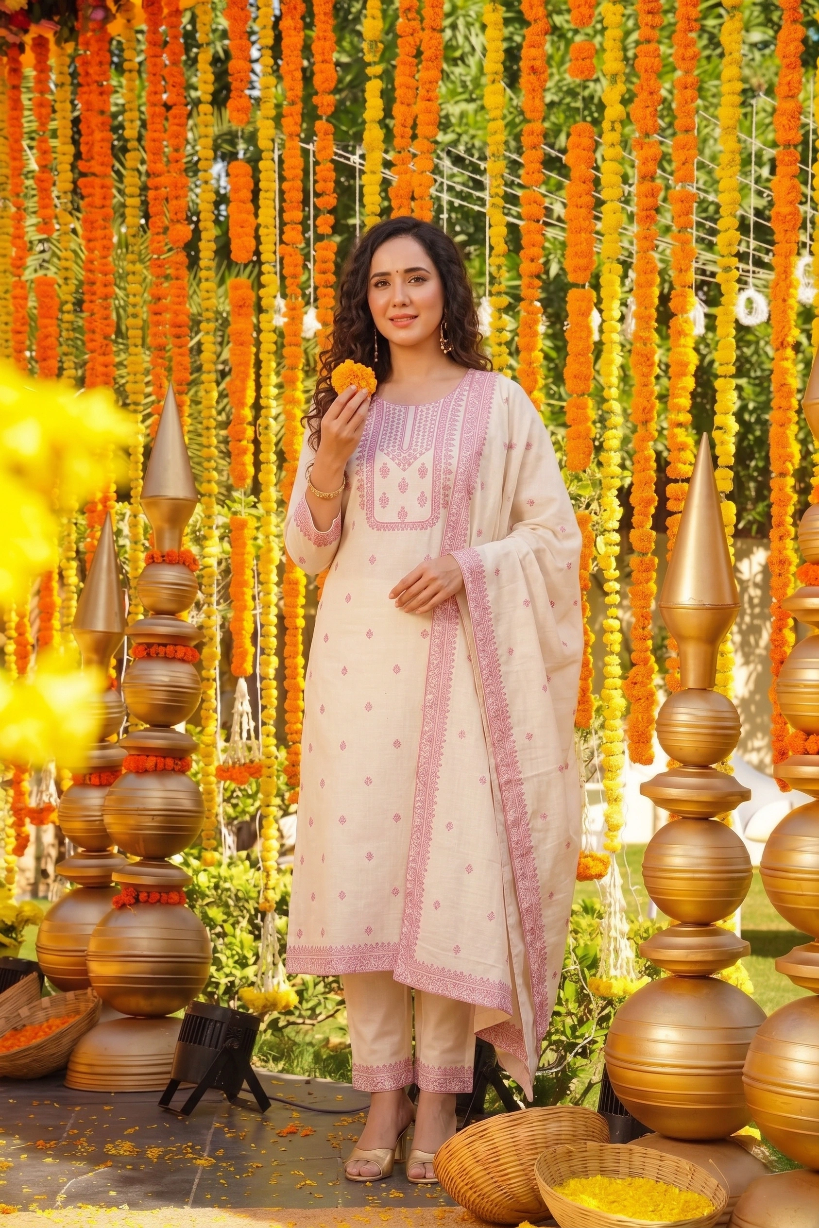 Women Cotton Embroidered Kurta Pant Set with Dupatta – Off White &amp;amp;amp;amp;amp;amp; Pink Ethnic Wear - Image 5