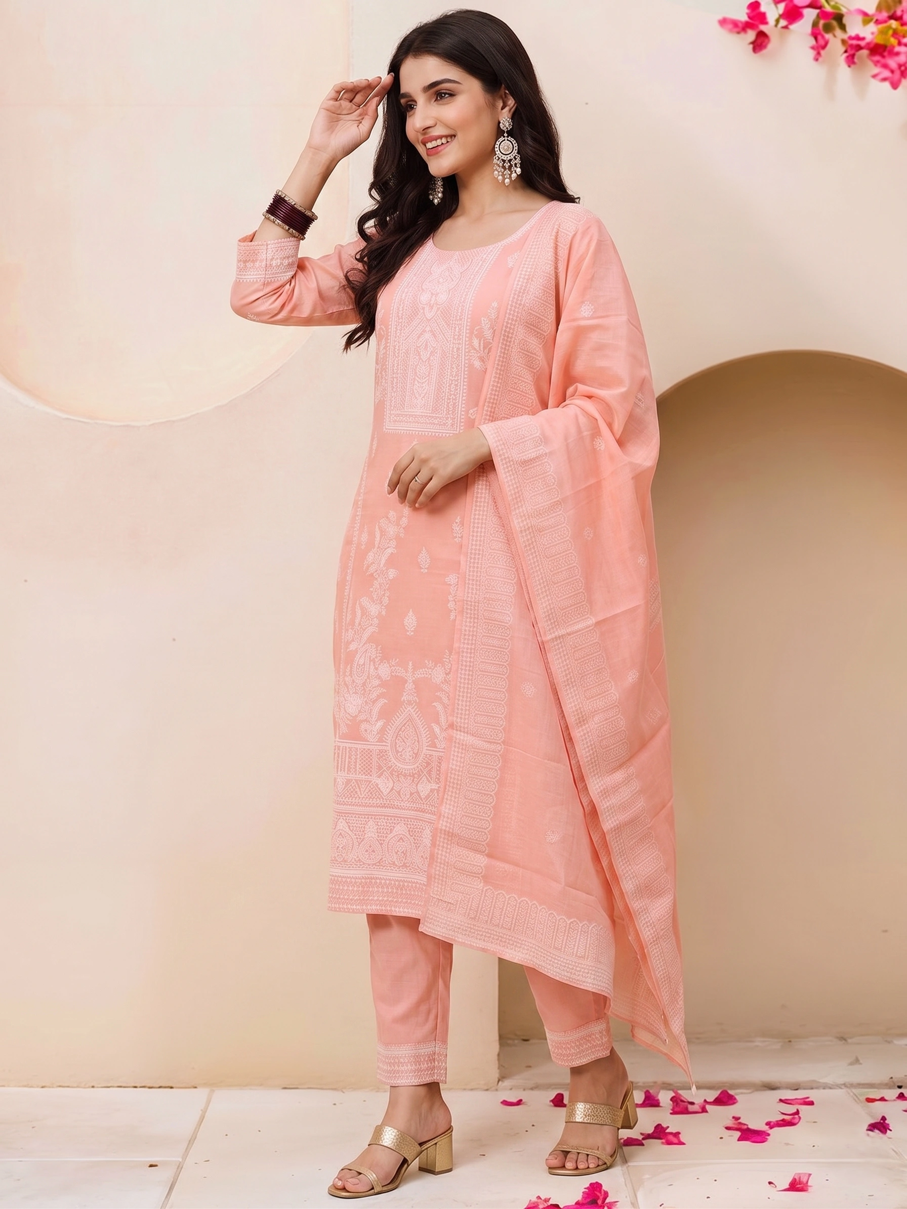Peach Embroidered Cotton Blend Kurta Pant Dupatta Set for Women - Image 1
