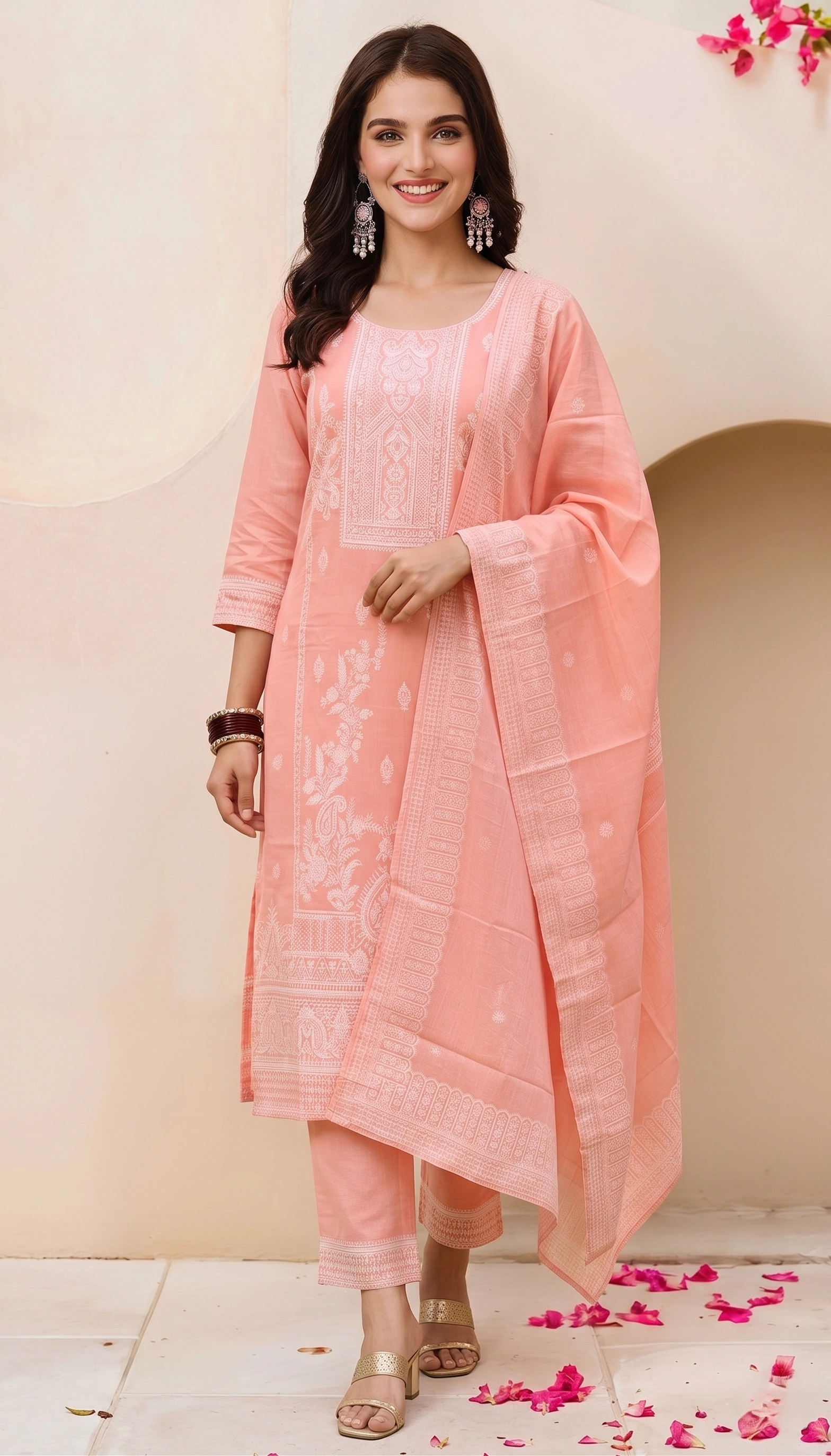 Peach Embroidered Cotton Blend Kurta Pant Dupatta Set for Women - Image 2