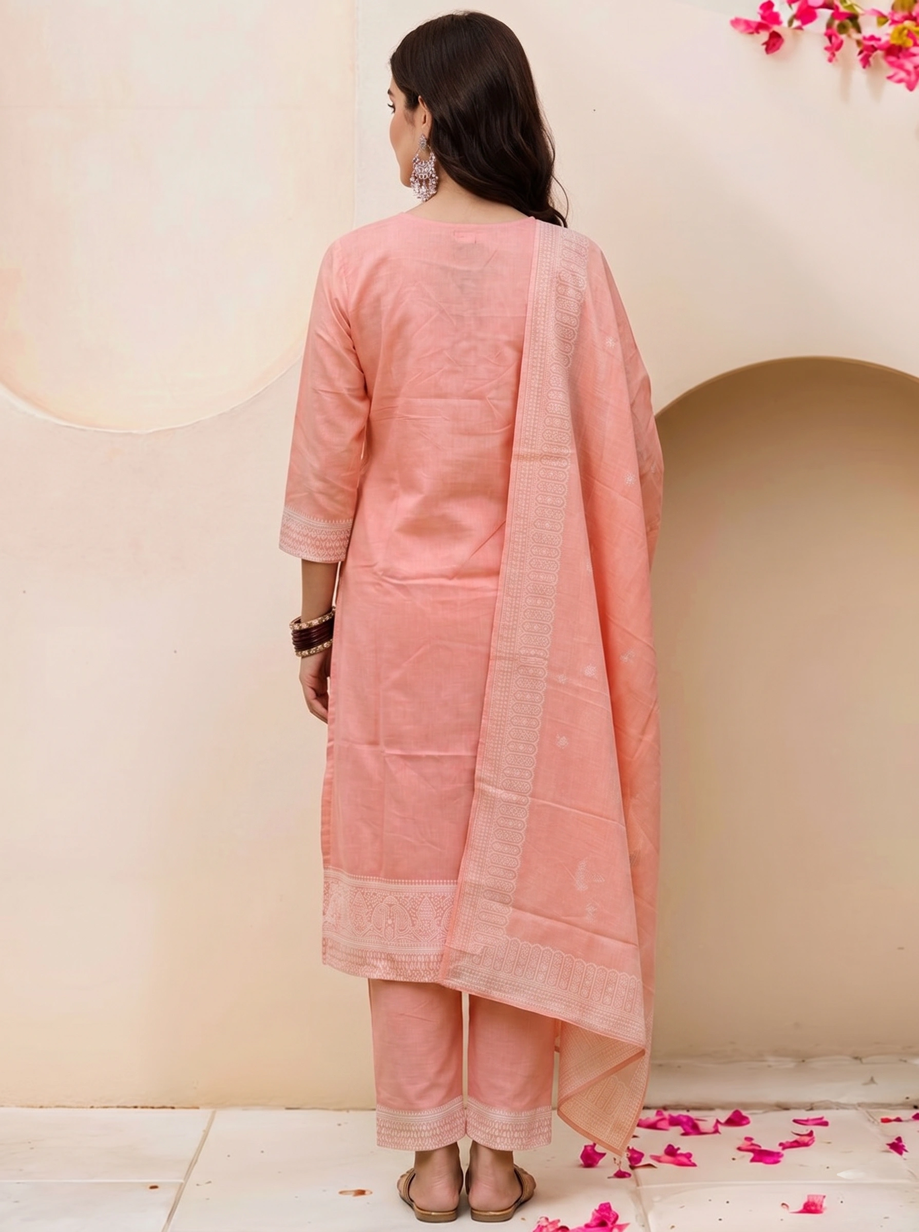 Peach Embroidered Cotton Blend Kurta Pant Dupatta Set for Women - Image 3