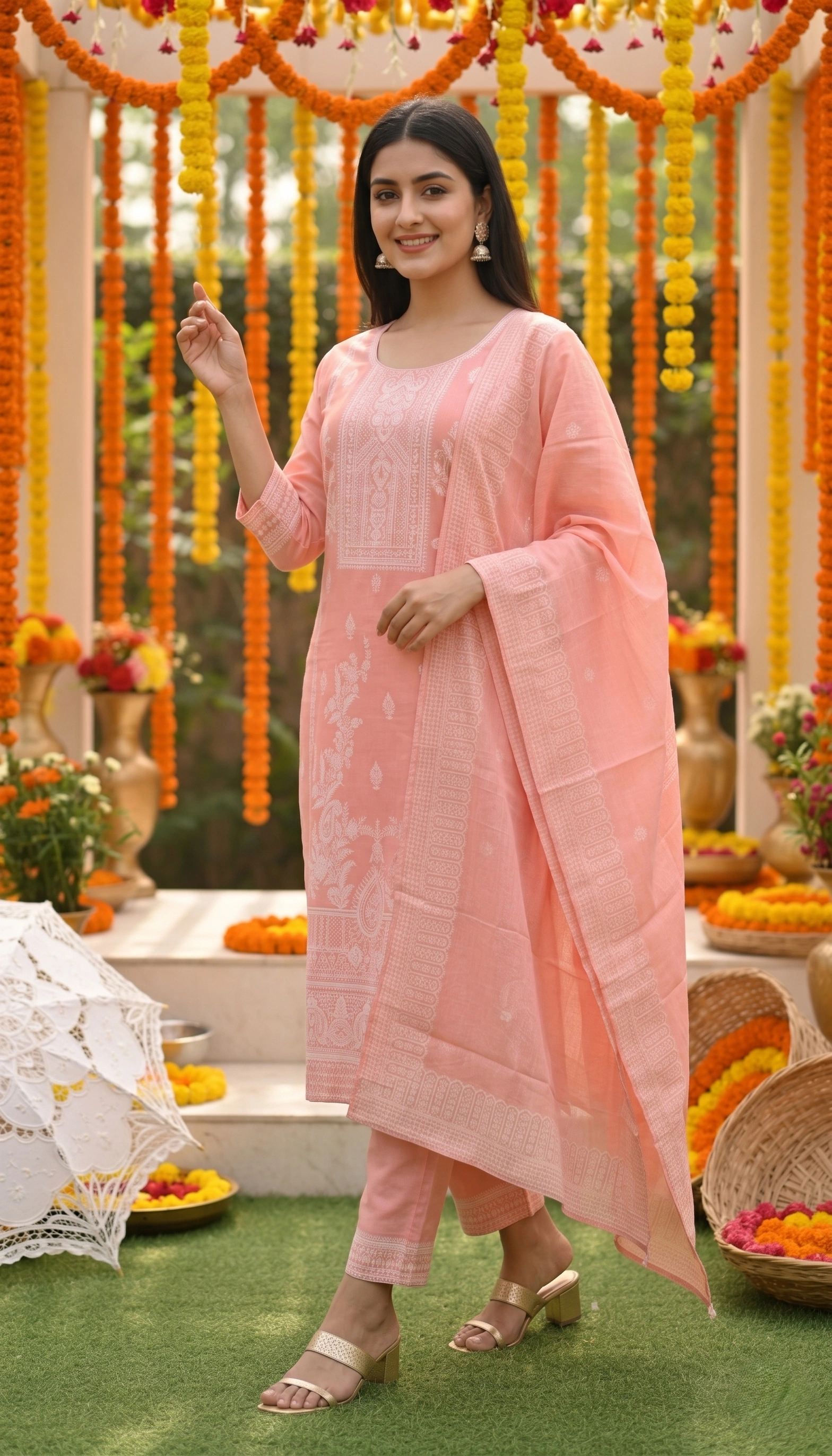 Peach Embroidered Cotton Blend Kurta Pant Dupatta Set for Women - Image 4