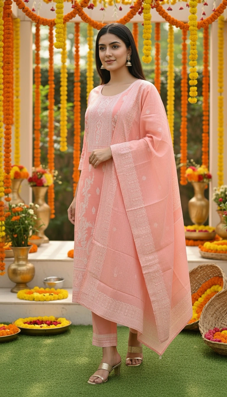 Peach Embroidered Cotton Blend Kurta Pant Dupatta Set for Women - Image 5
