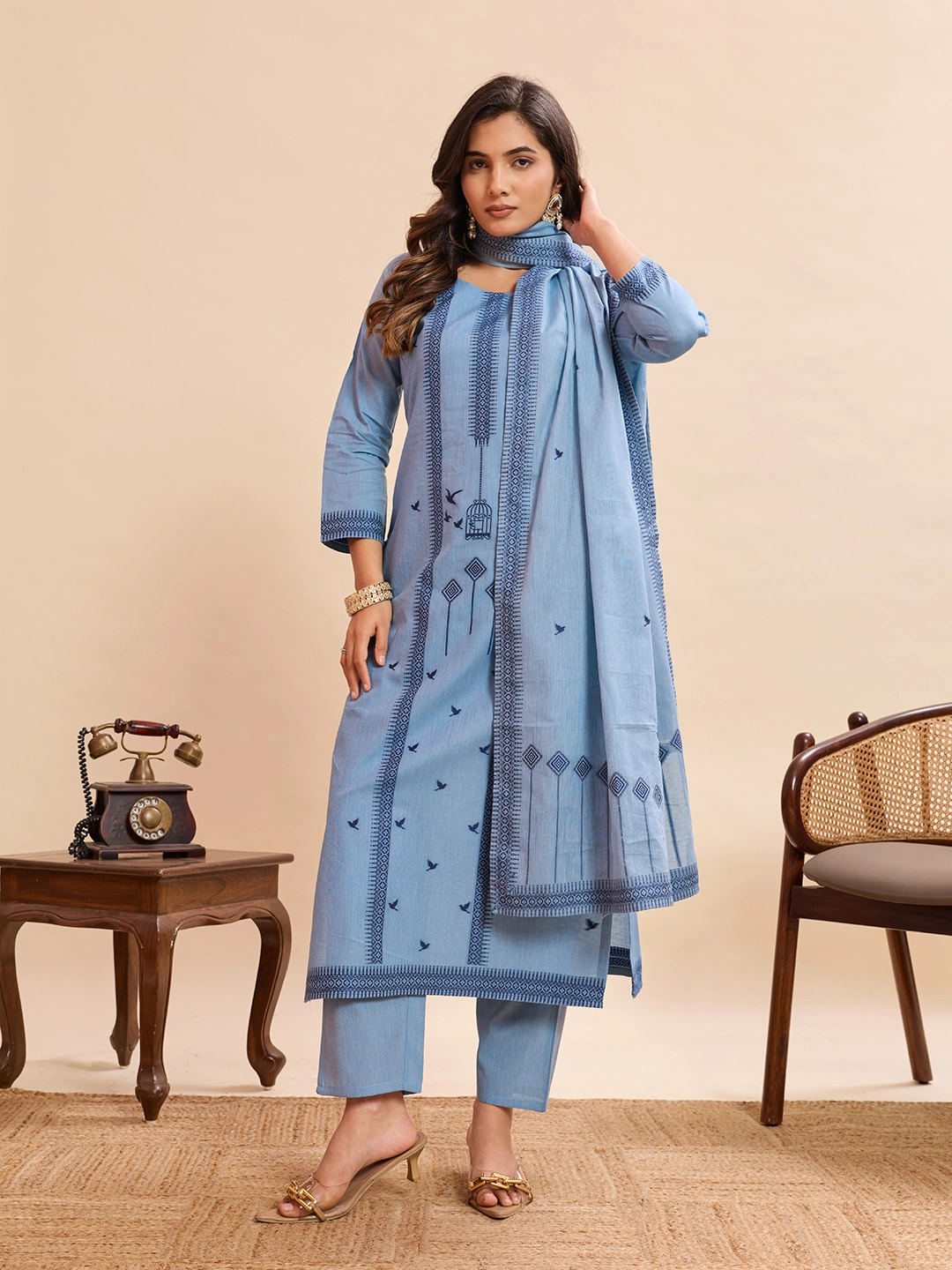 Sky Blue Printed Kurta Pant Dupatta Set for Women - Image 1