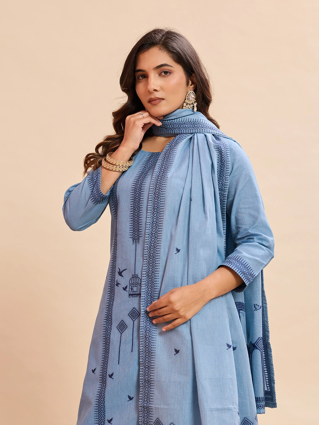 Sky Blue Printed Kurta Pant Dupatta Set for Women - Image 2