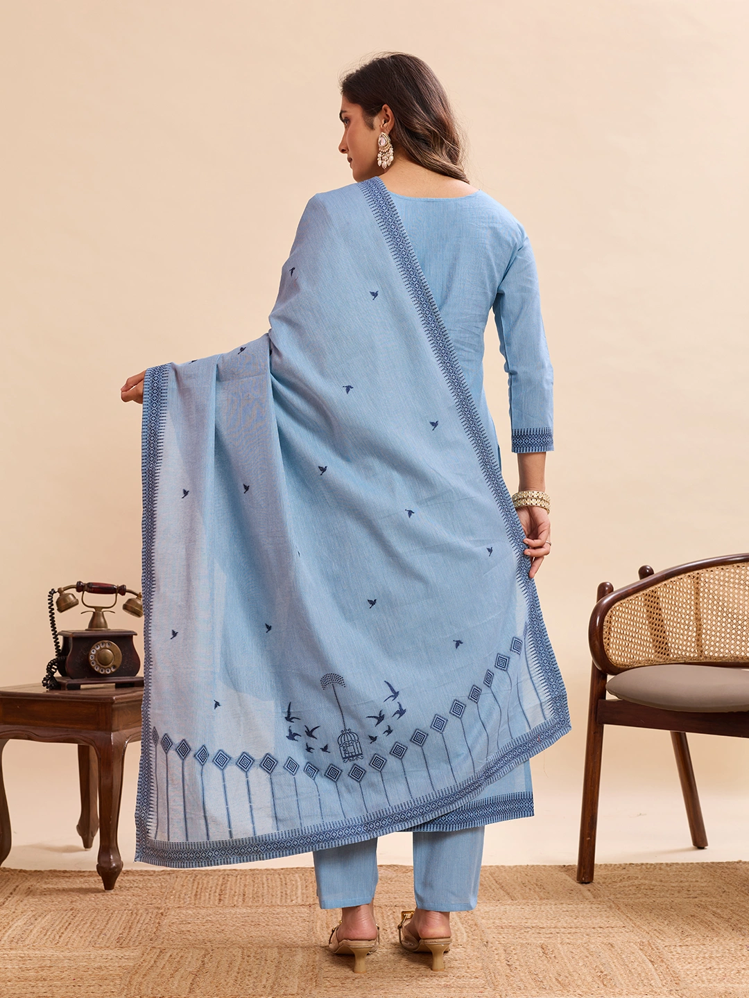 Sky Blue Printed Kurta Pant Dupatta Set for Women - Image 3