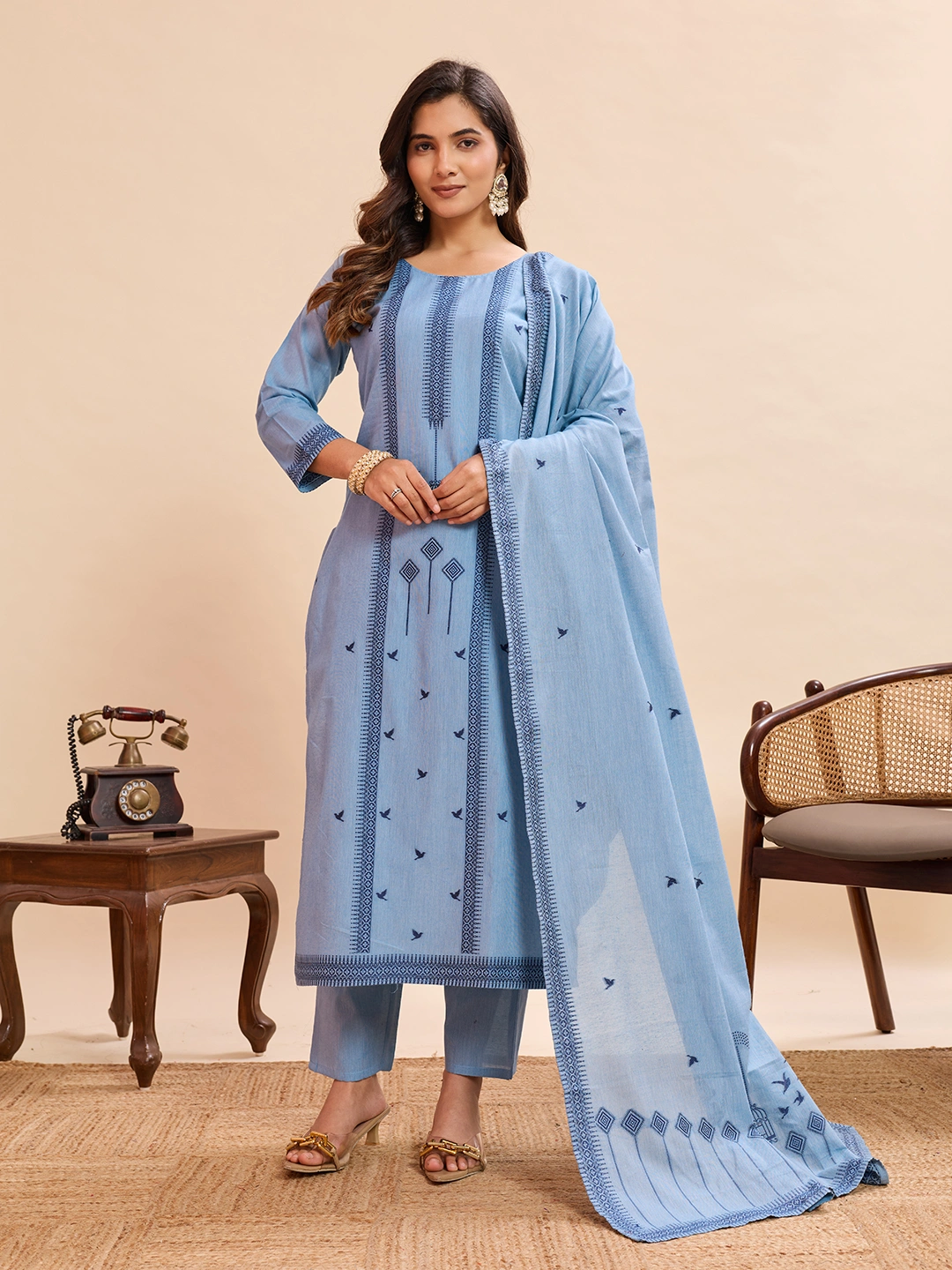 Sky Blue Printed Kurta Pant Dupatta Set for Women - Image 4