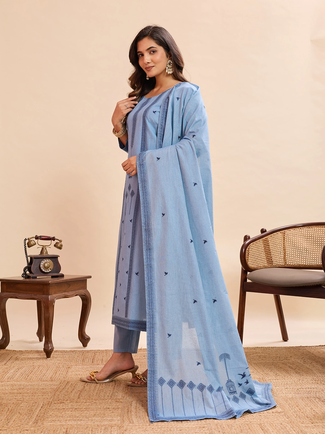 Sky Blue Printed Kurta Pant Dupatta Set for Women - Image 5