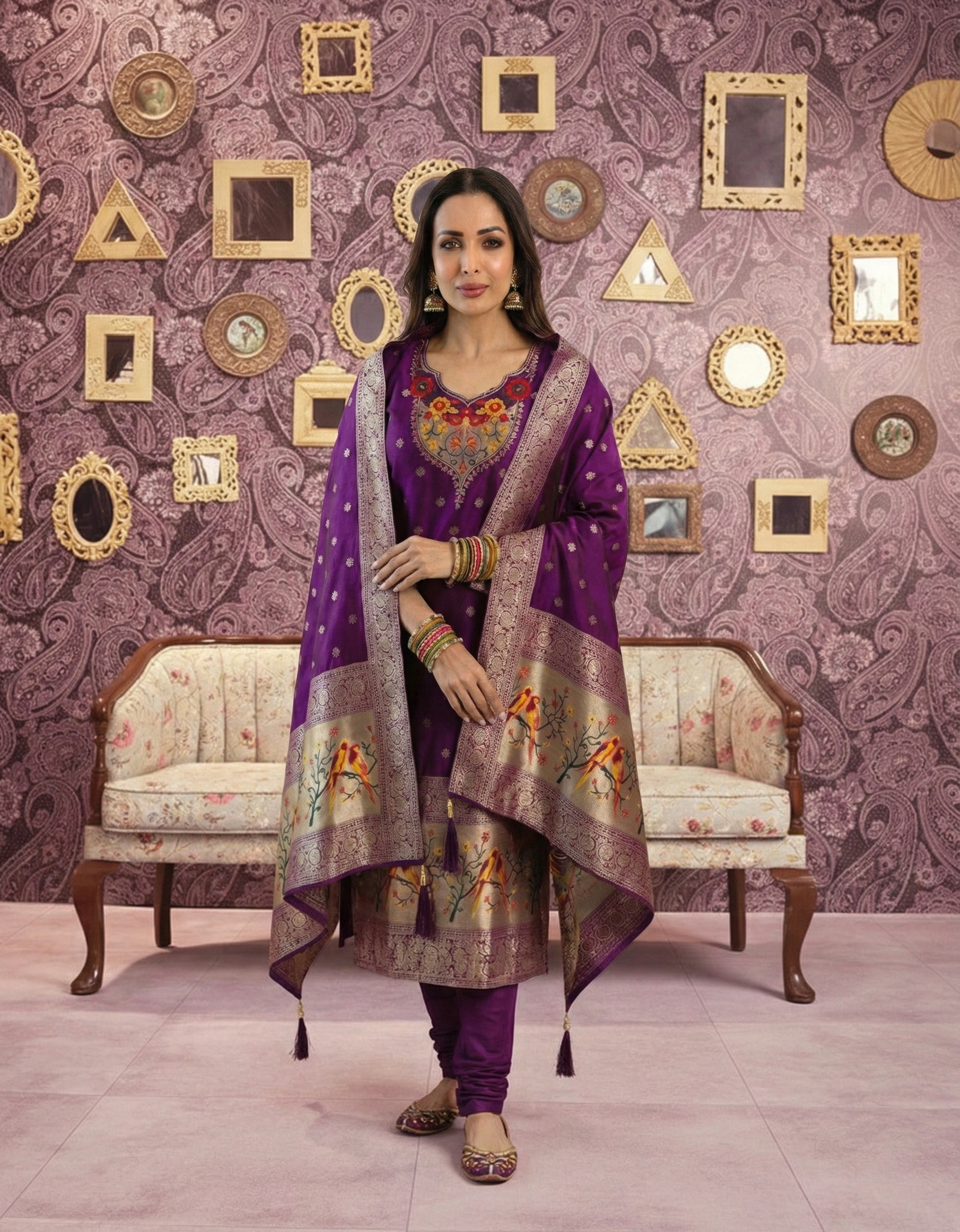 Royal Purple Embroidered Ethnic Kurta Pant Dupatta Set for Women - Image 1