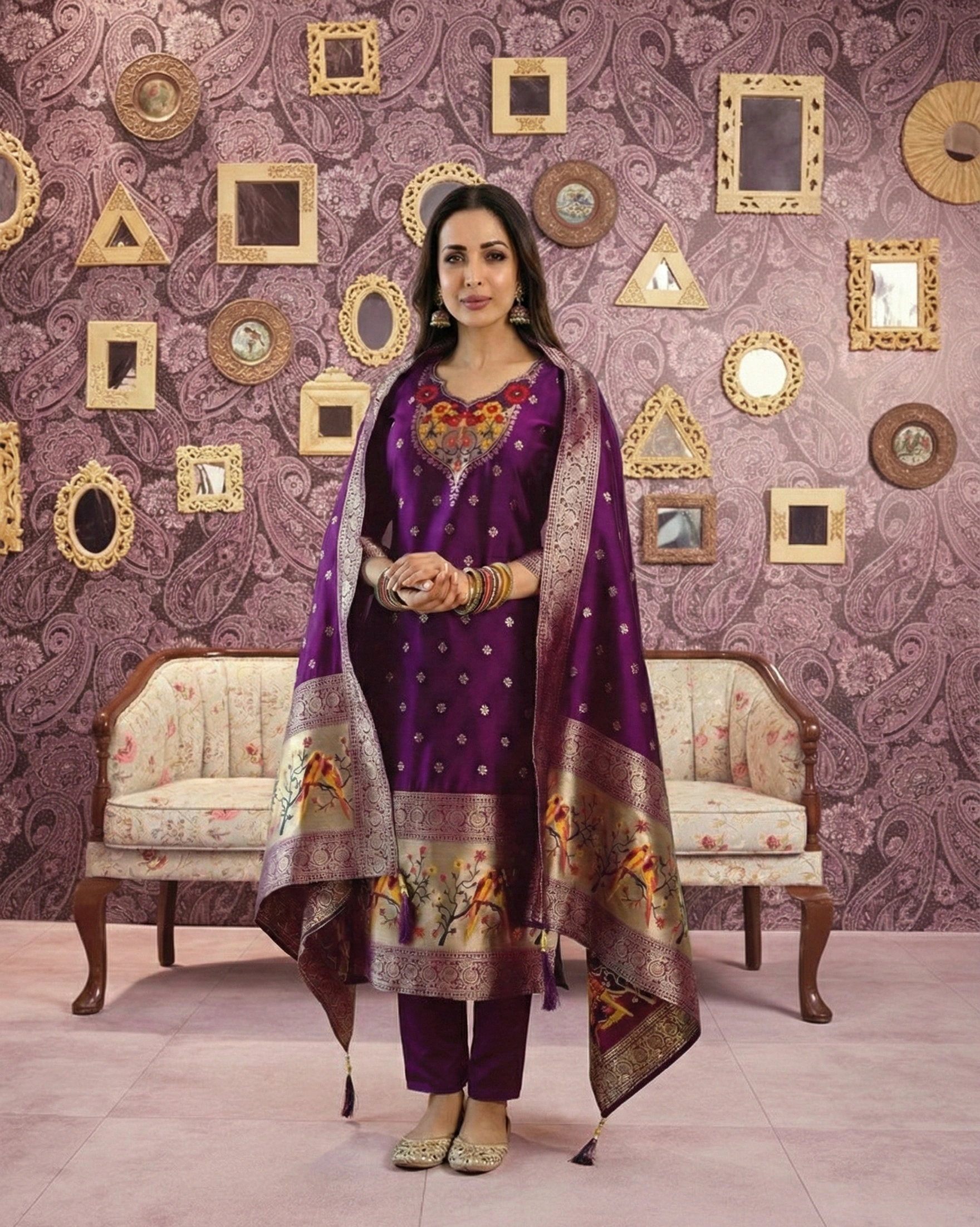 Royal Purple Embroidered Ethnic Kurta Pant Dupatta Set for Women - Image 2
