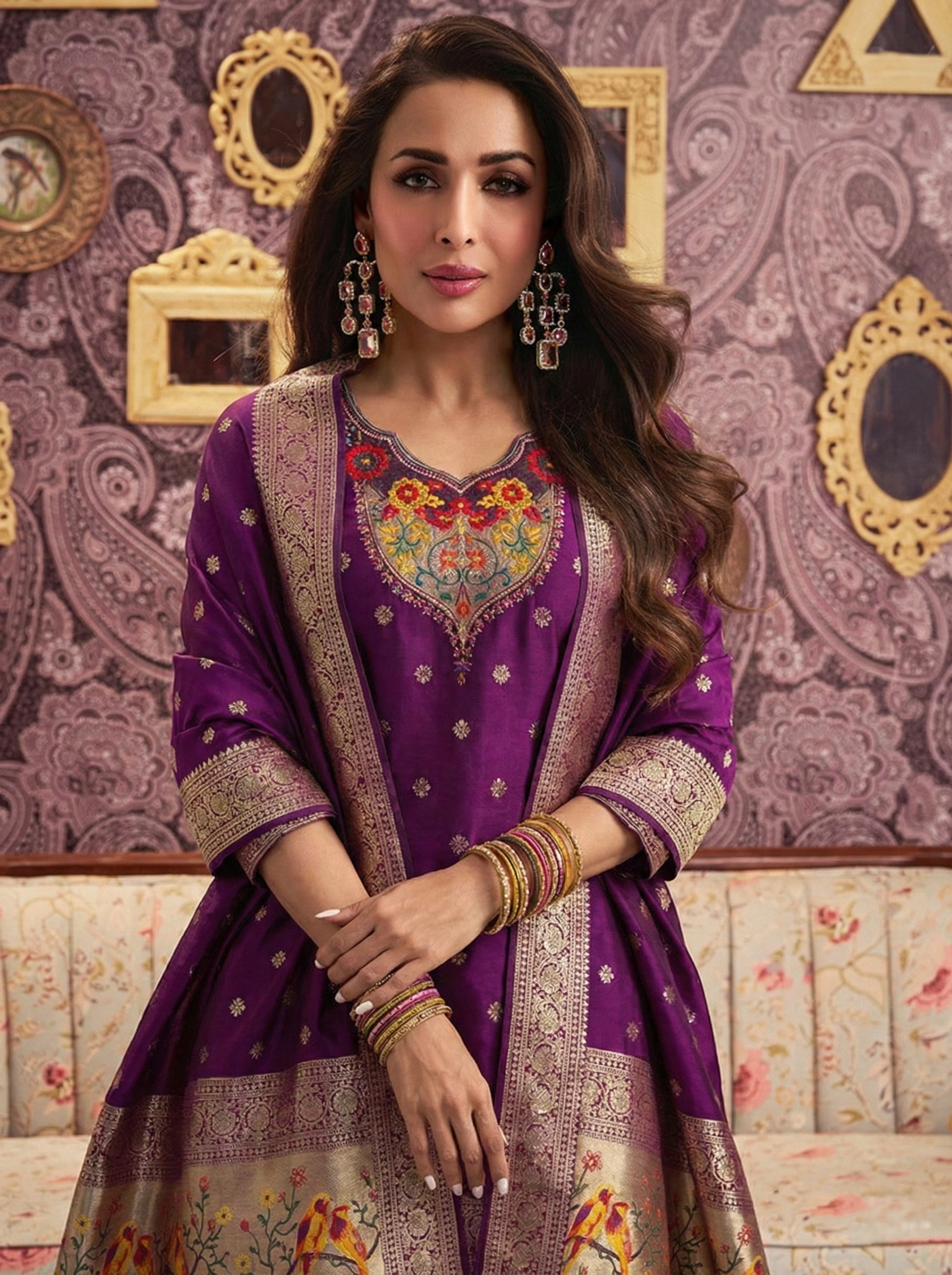 Royal Purple Embroidered Ethnic Kurta Pant Dupatta Set for Women - Image 3
