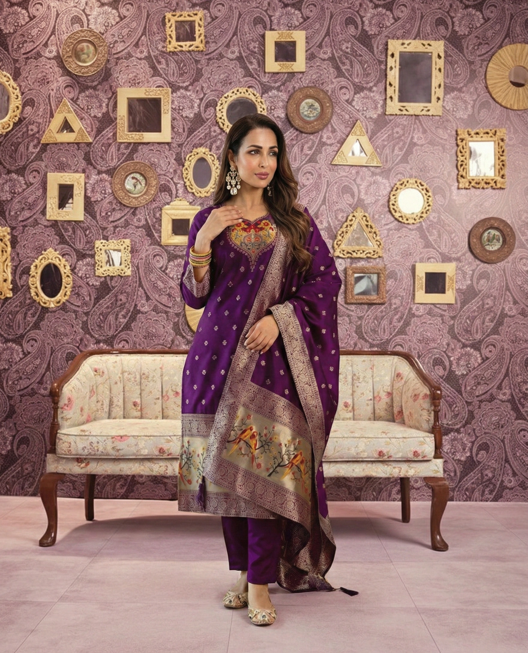 Royal Purple Embroidered Ethnic Kurta Pant Dupatta Set for Women - Image 4