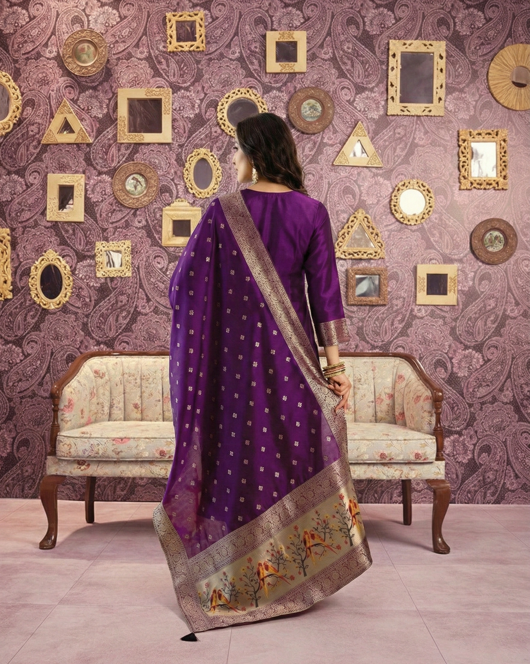 Royal Purple Embroidered Ethnic Kurta Pant Dupatta Set for Women - Image 5