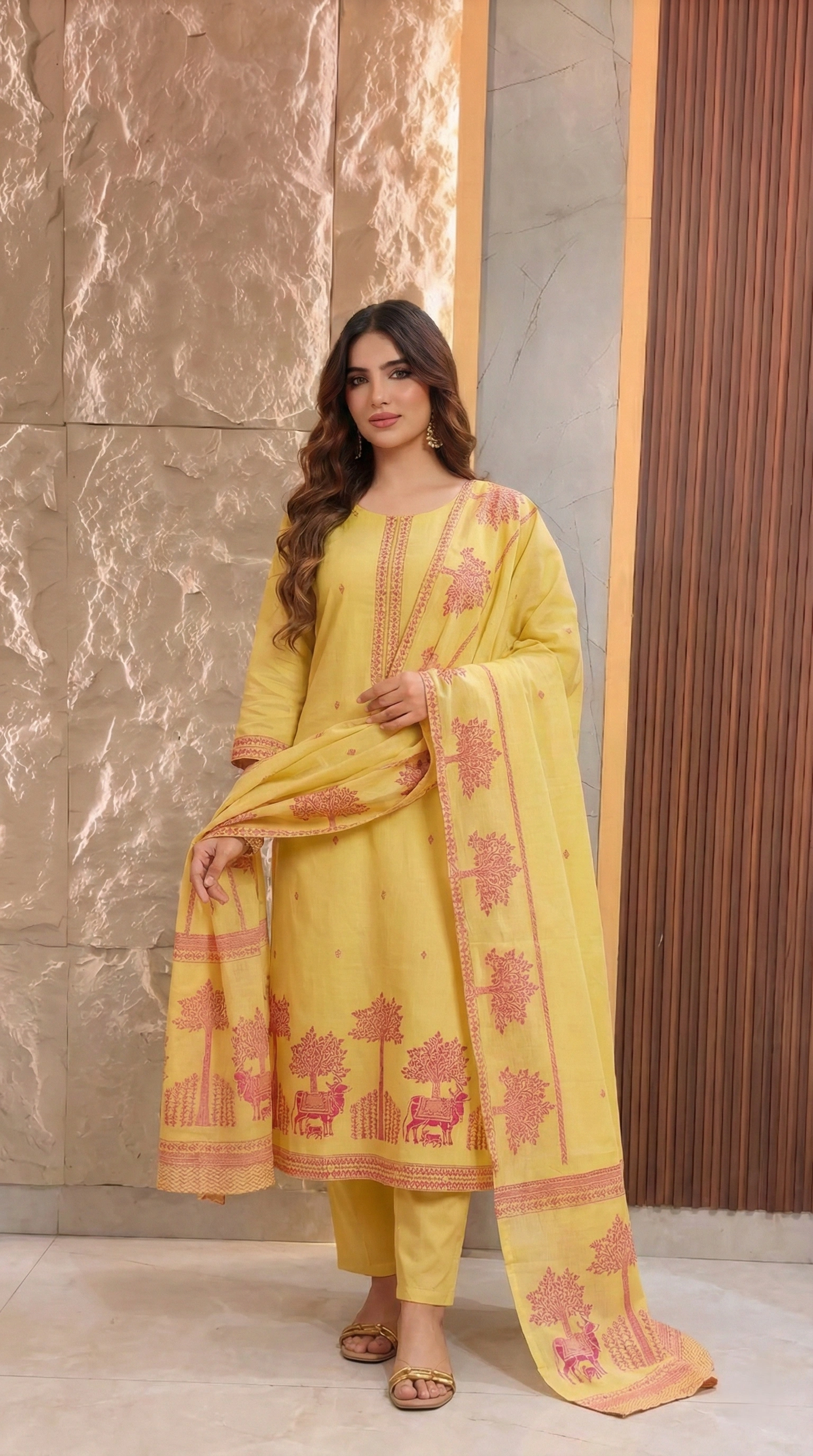 Yellow Printed Kurta Pant Dupatta Set for Women - Image 1