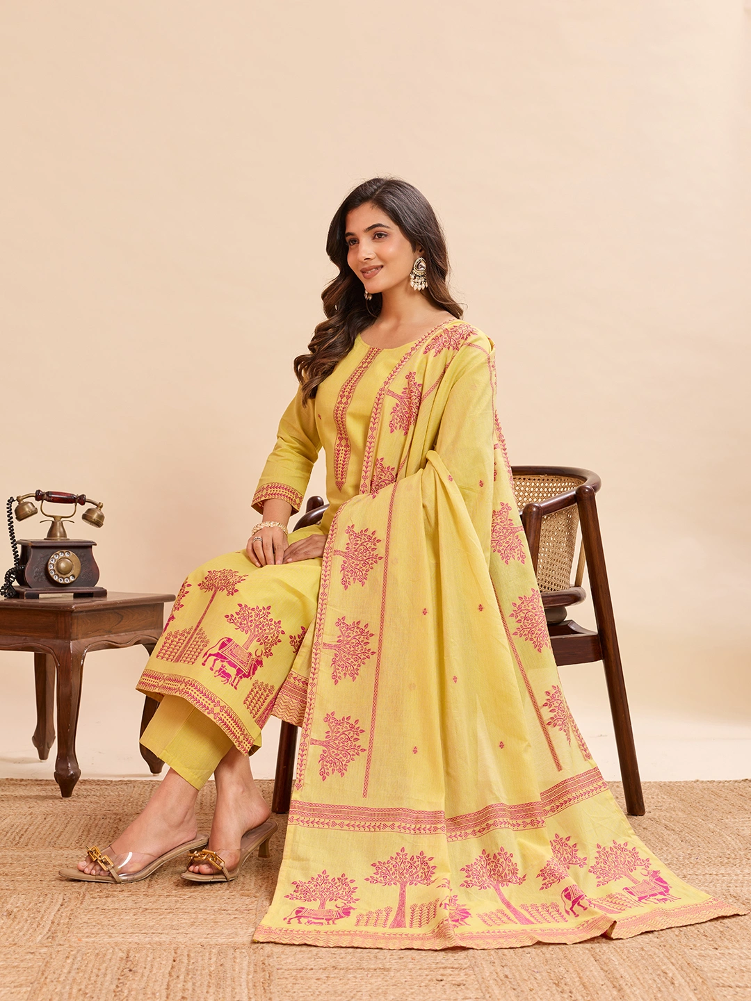 Yellow Printed Kurta Pant Dupatta Set for Women - Image 4