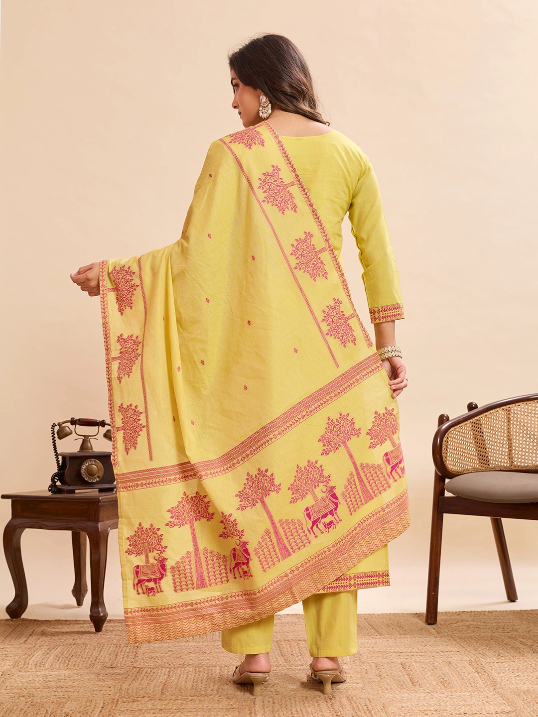 Yellow Printed Kurta Pant Dupatta Set for Women - Image 5