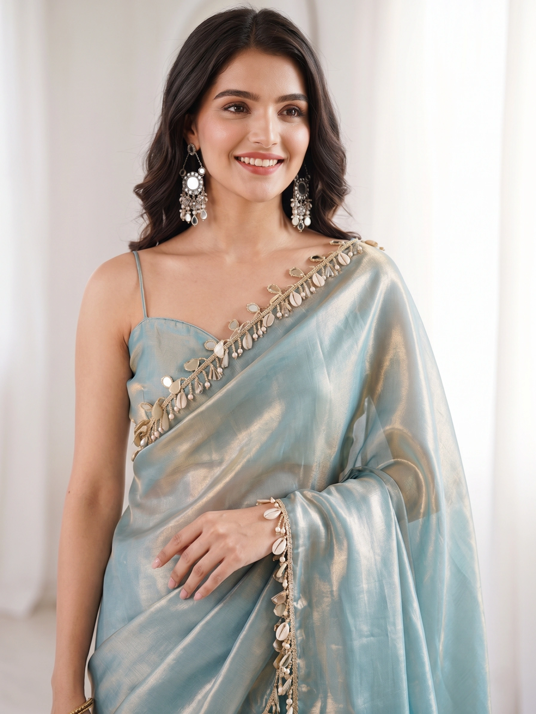 Sky Blue Premium Fendi Satin Saree with Mirror Work for Women - Image 1