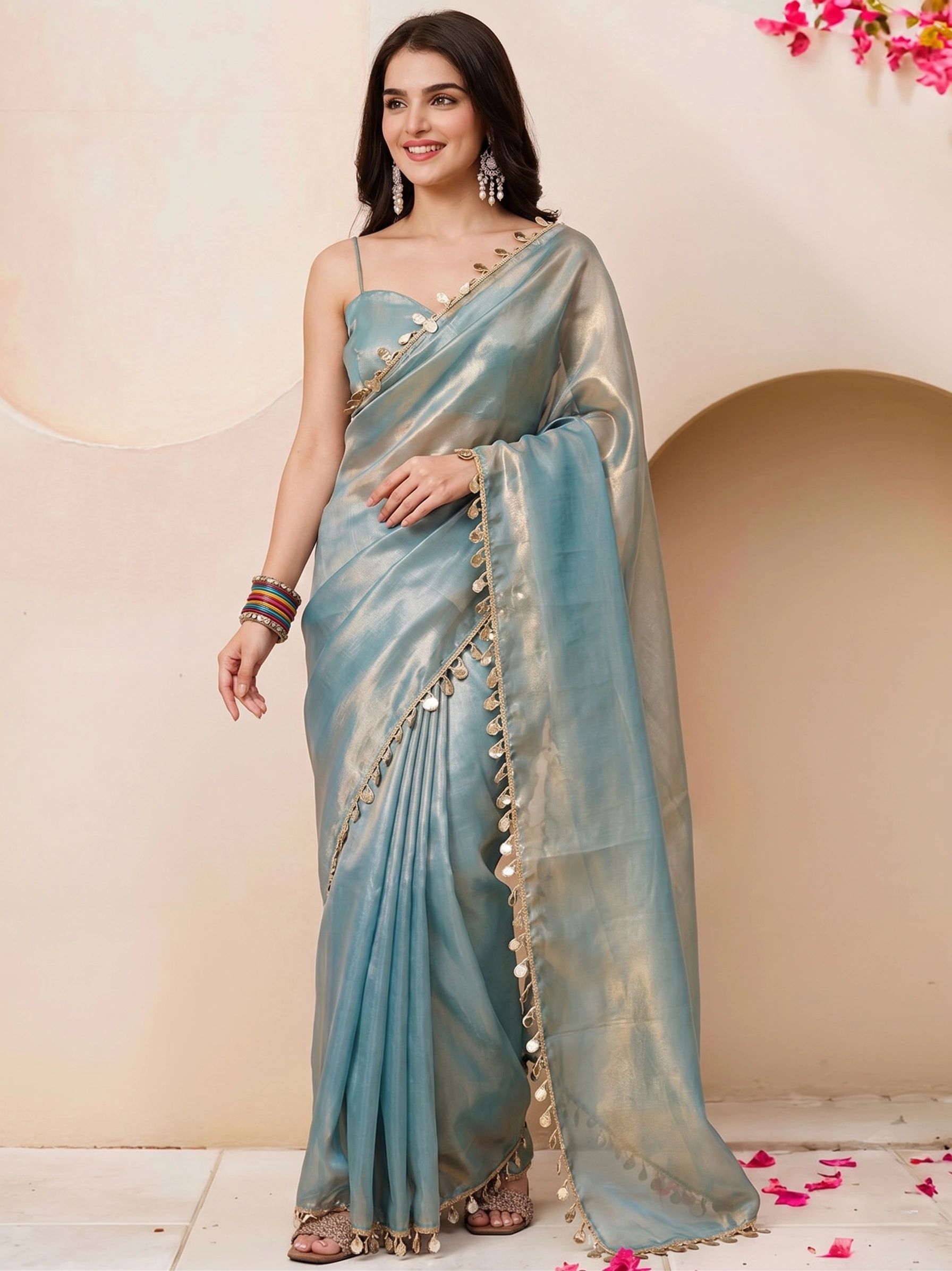 Sky Blue Premium Fendi Satin Saree with Mirror Work for Women - Image 2
