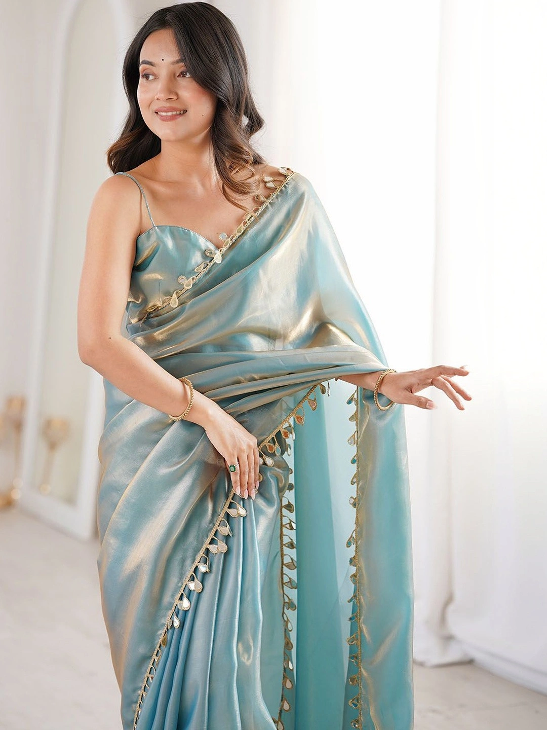 Sky Blue Premium Fendi Satin Saree with Mirror Work for Women - Image 3