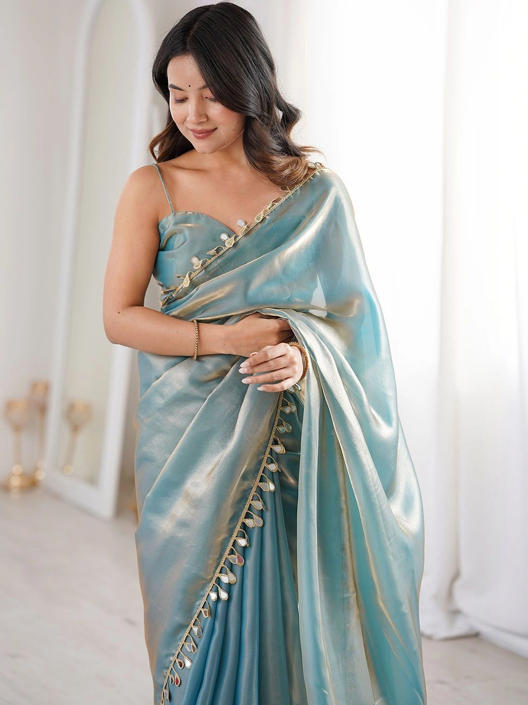 Sky Blue Premium Fendi Satin Saree with Mirror Work for Women - Image 4