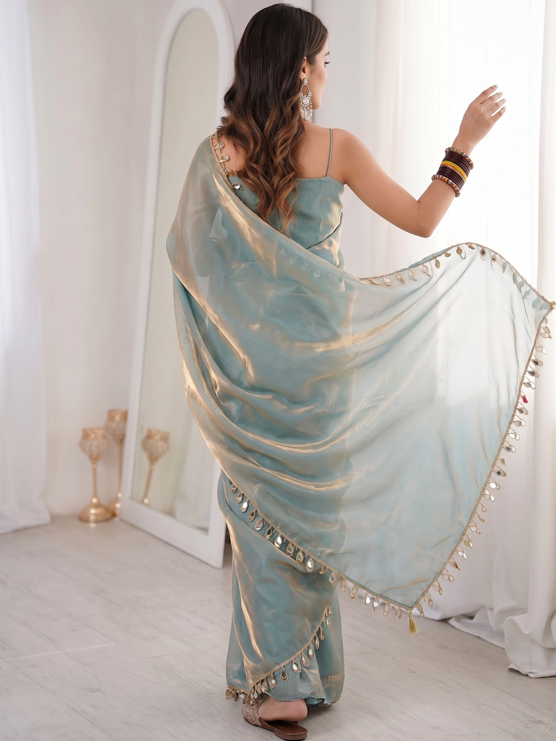 Sky Blue Premium Fendi Satin Saree with Mirror Work for Women - Image 5