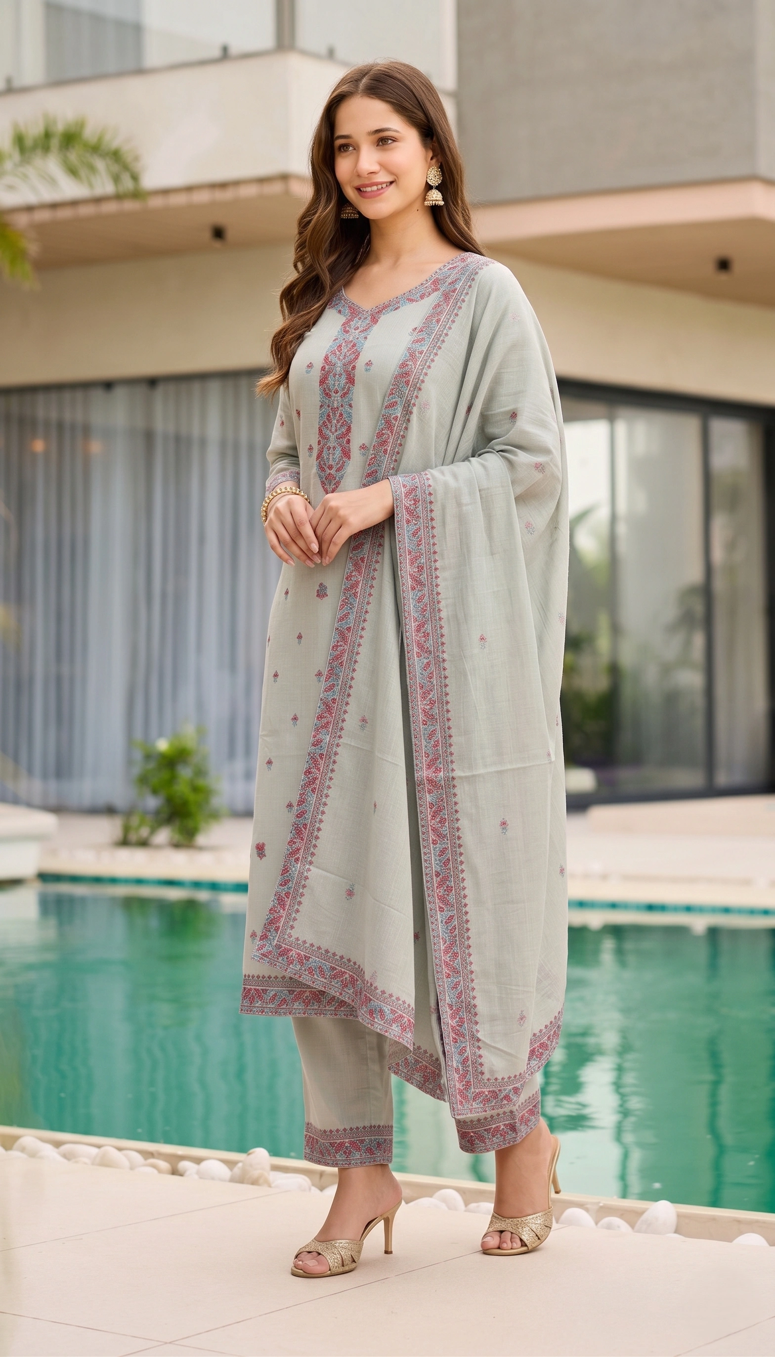 Grey Pure Cotton Jacquard Kurta Pant Dupatta Set for Women - Image 1