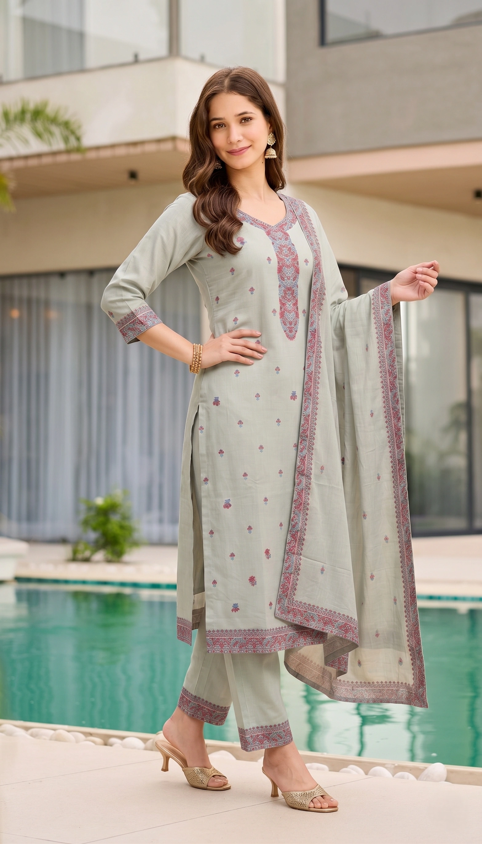 Grey Pure Cotton Jacquard Kurta Pant Dupatta Set for Women - Image 2