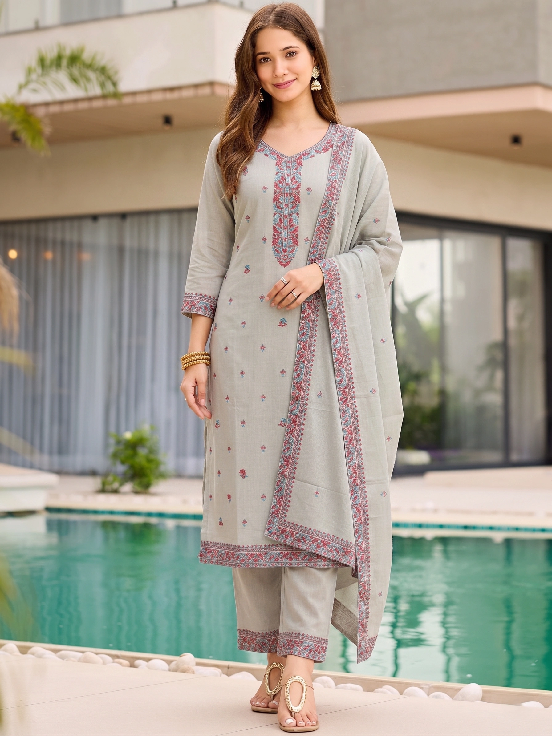 Grey Pure Cotton Jacquard Kurta Pant Dupatta Set for Women - Image 4