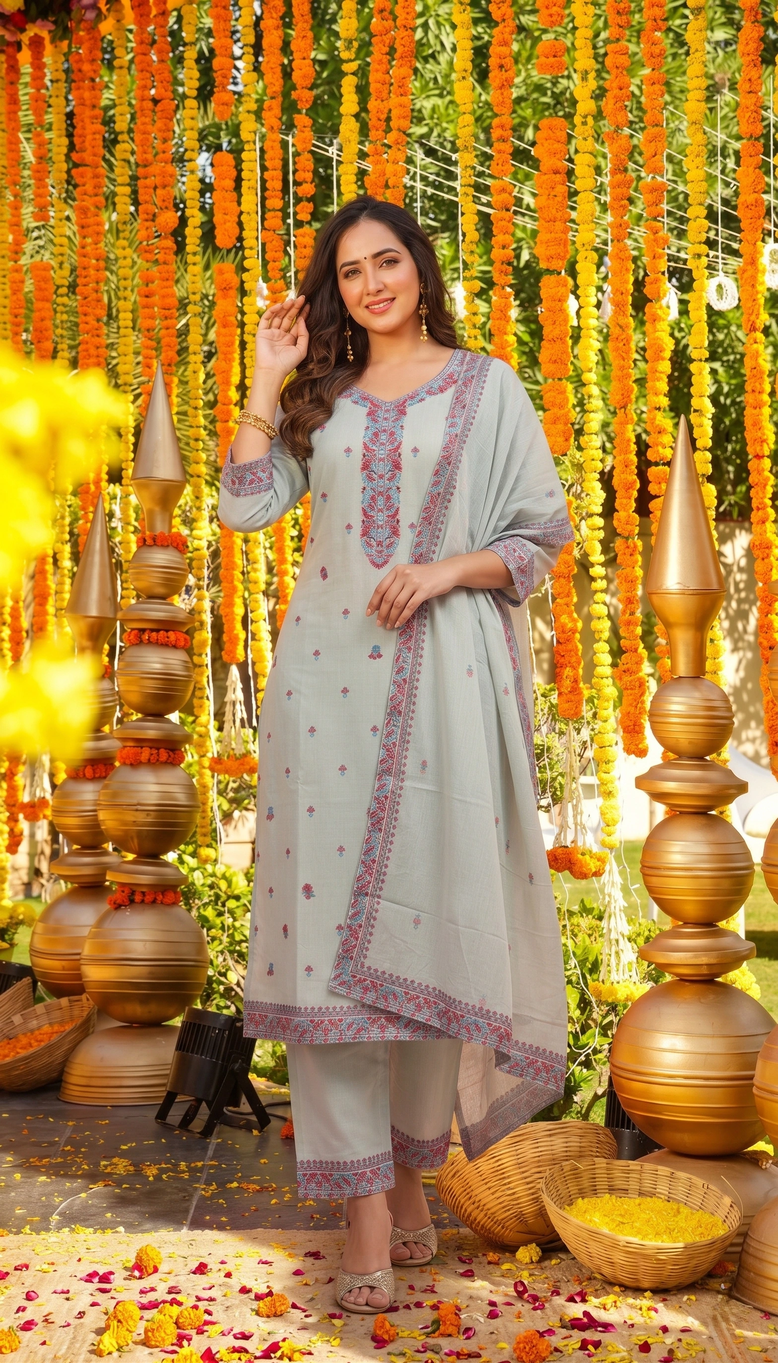 Grey Pure Cotton Jacquard Kurta Pant Dupatta Set for Women - Image 5