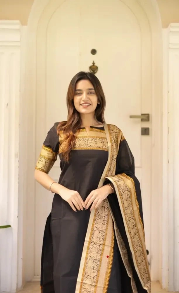 Black Kanchi Cotton Straight Kurta Dupatta Set for Women - Image 1