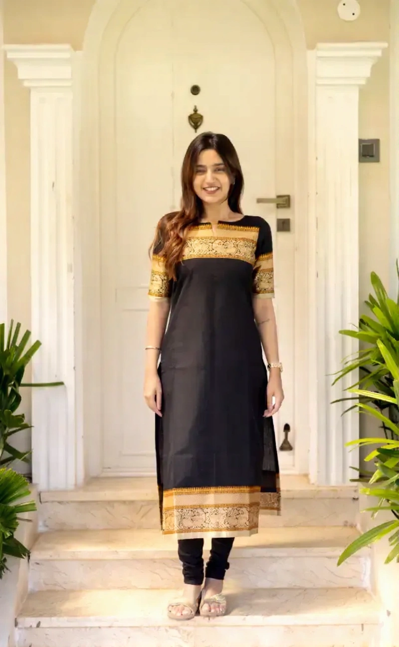 Black Kanchi Cotton Straight Kurta Dupatta Set for Women - Image 2