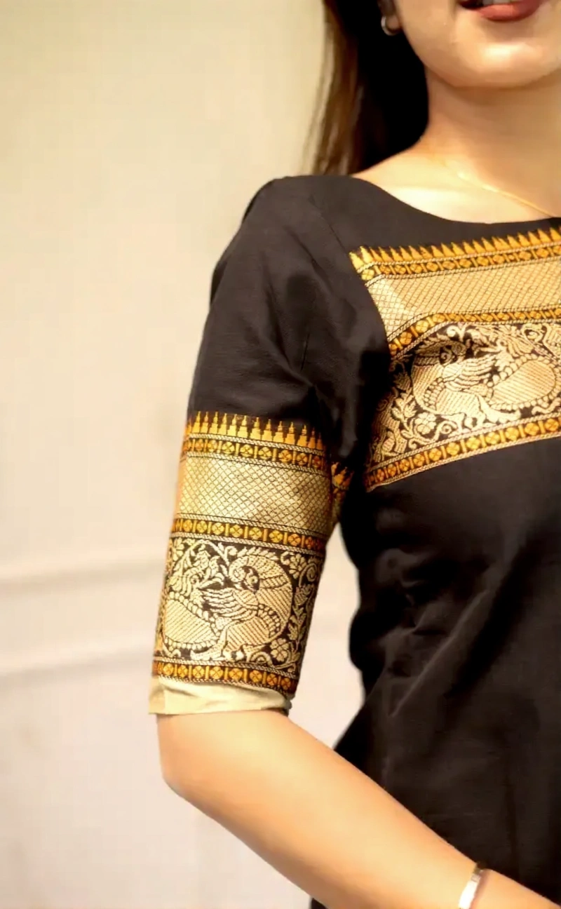 Black Kanchi Cotton Straight Kurta Dupatta Set for Women - Image 3