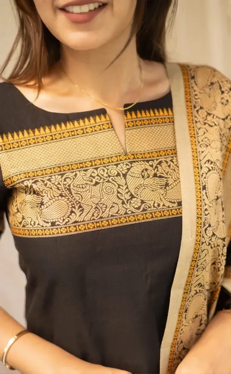 Black Kanchi Cotton Straight Kurta Dupatta Set for Women - Image 4