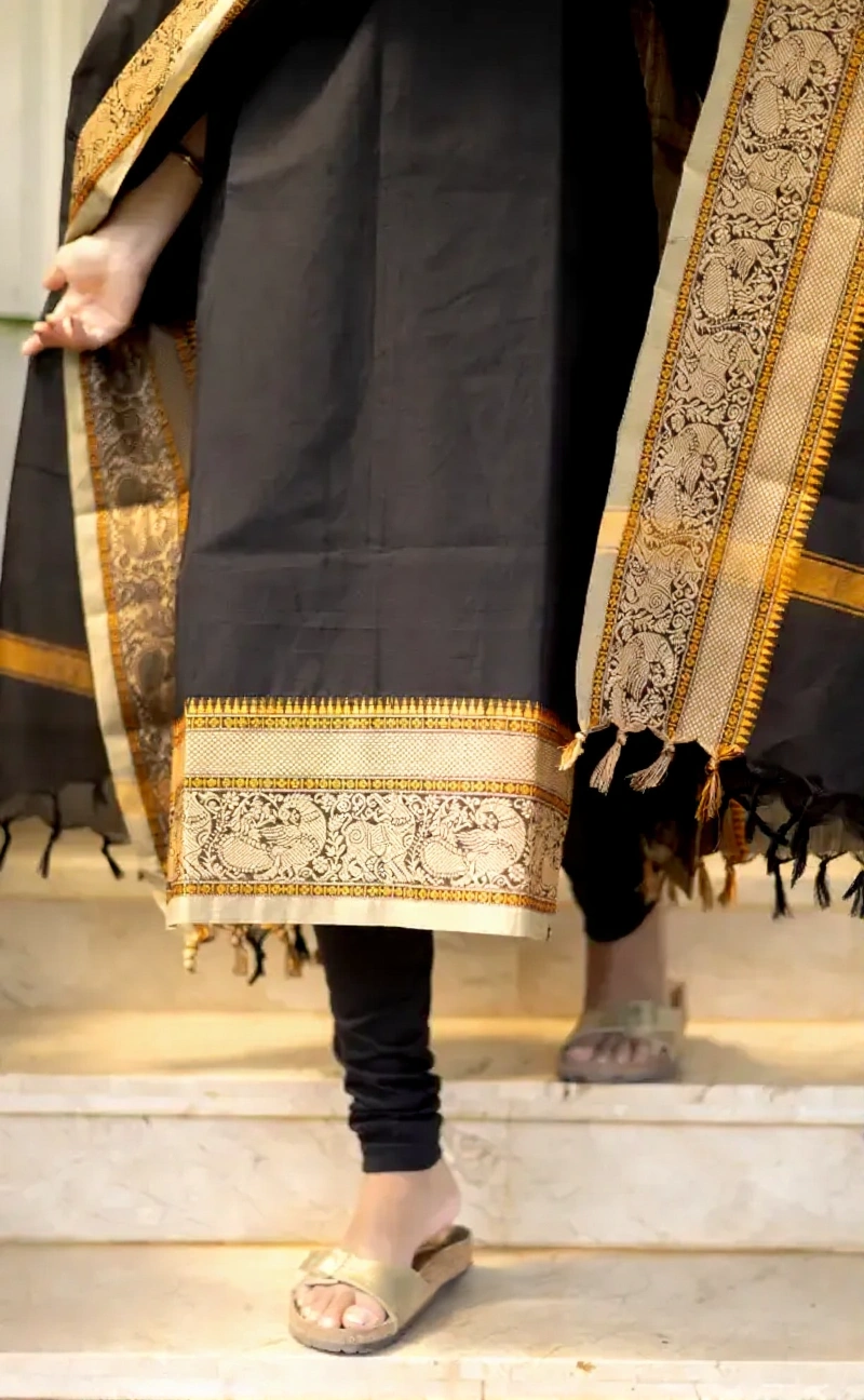 Black Kanchi Cotton Straight Kurta Dupatta Set for Women - Image 5