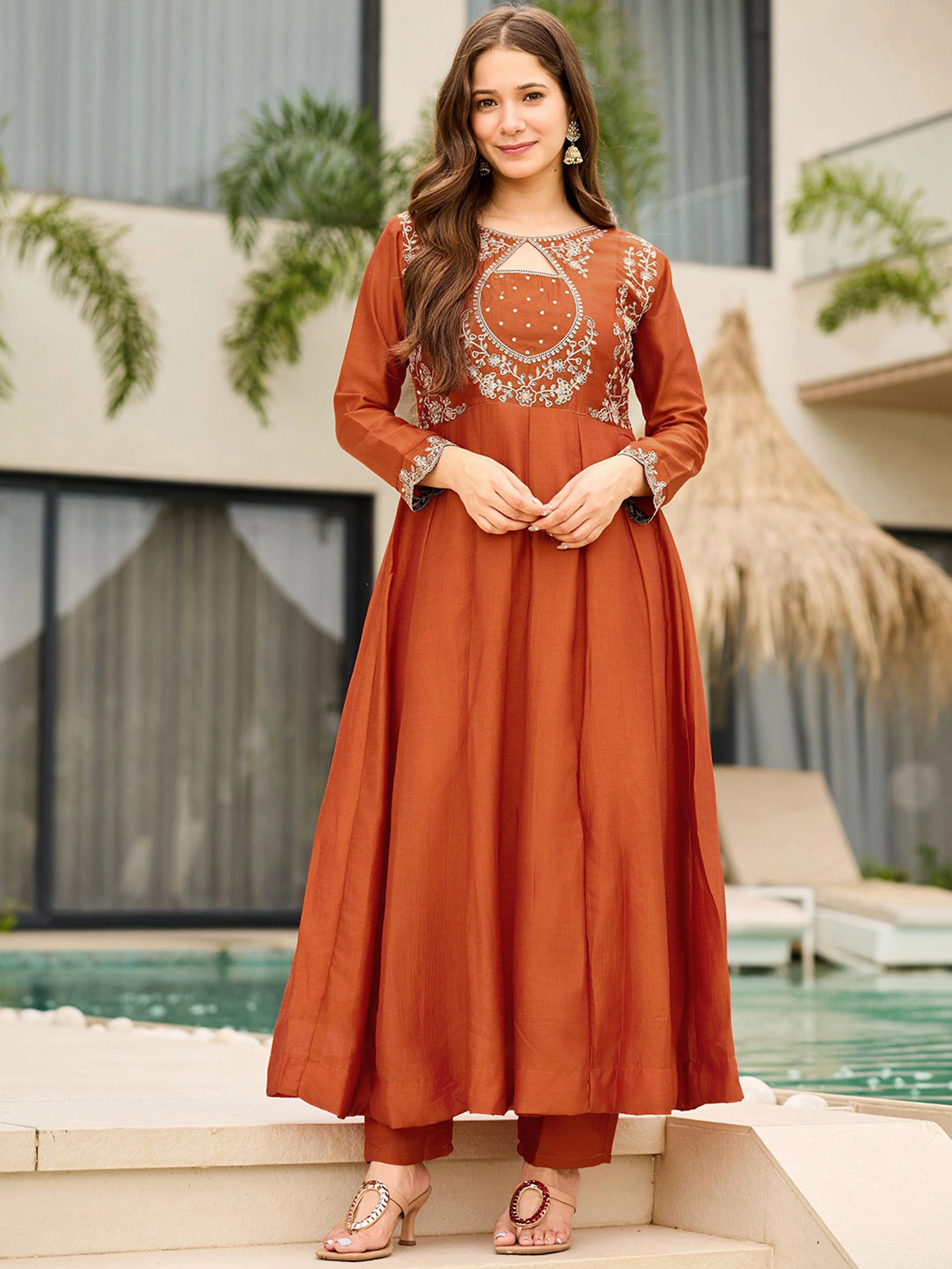 Rust Orange Embroidered Anarkali Kurta Set for Women - Image 2
