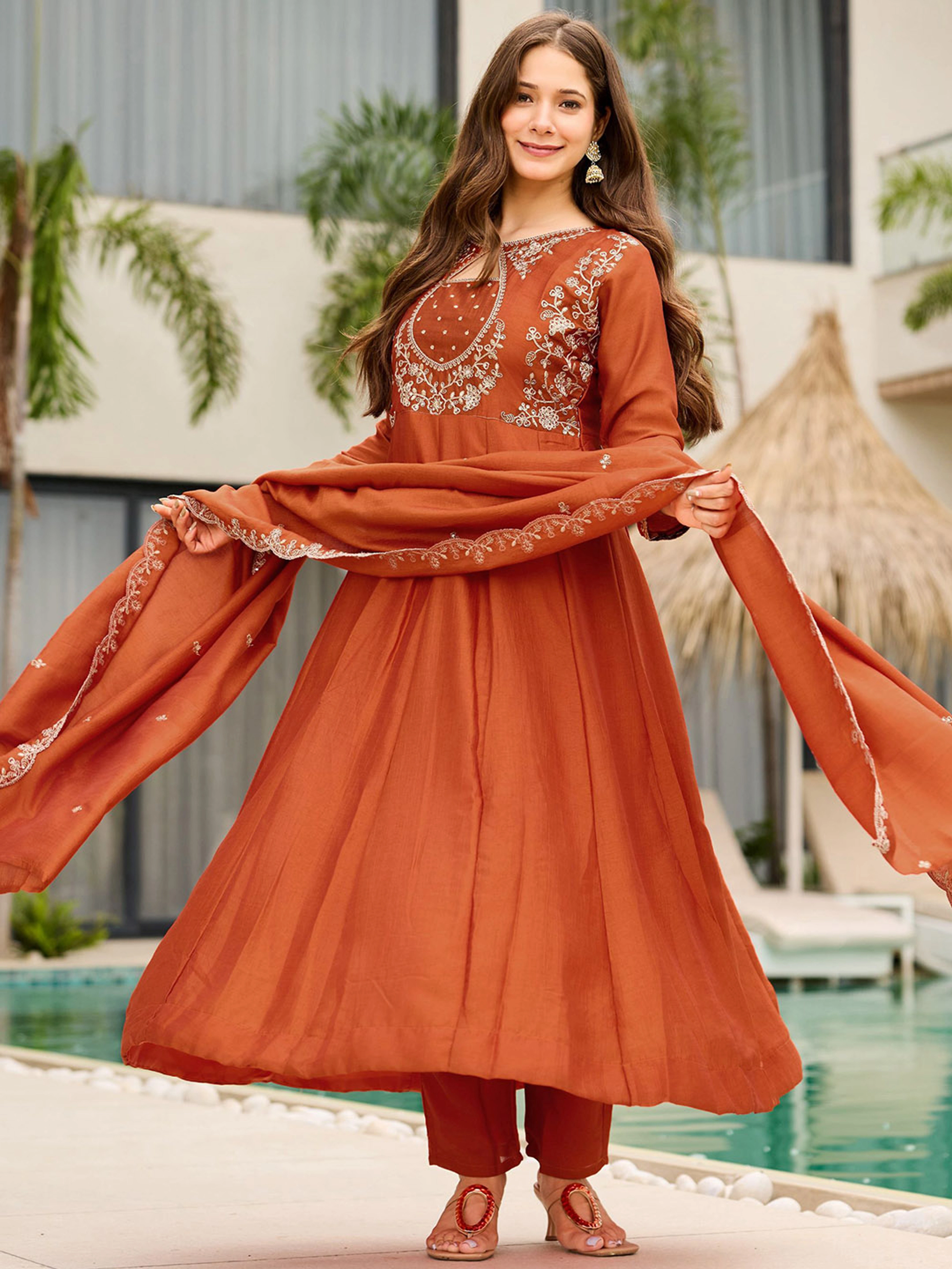 Rust Orange Embroidered Anarkali Kurta Set for Women - Image 3