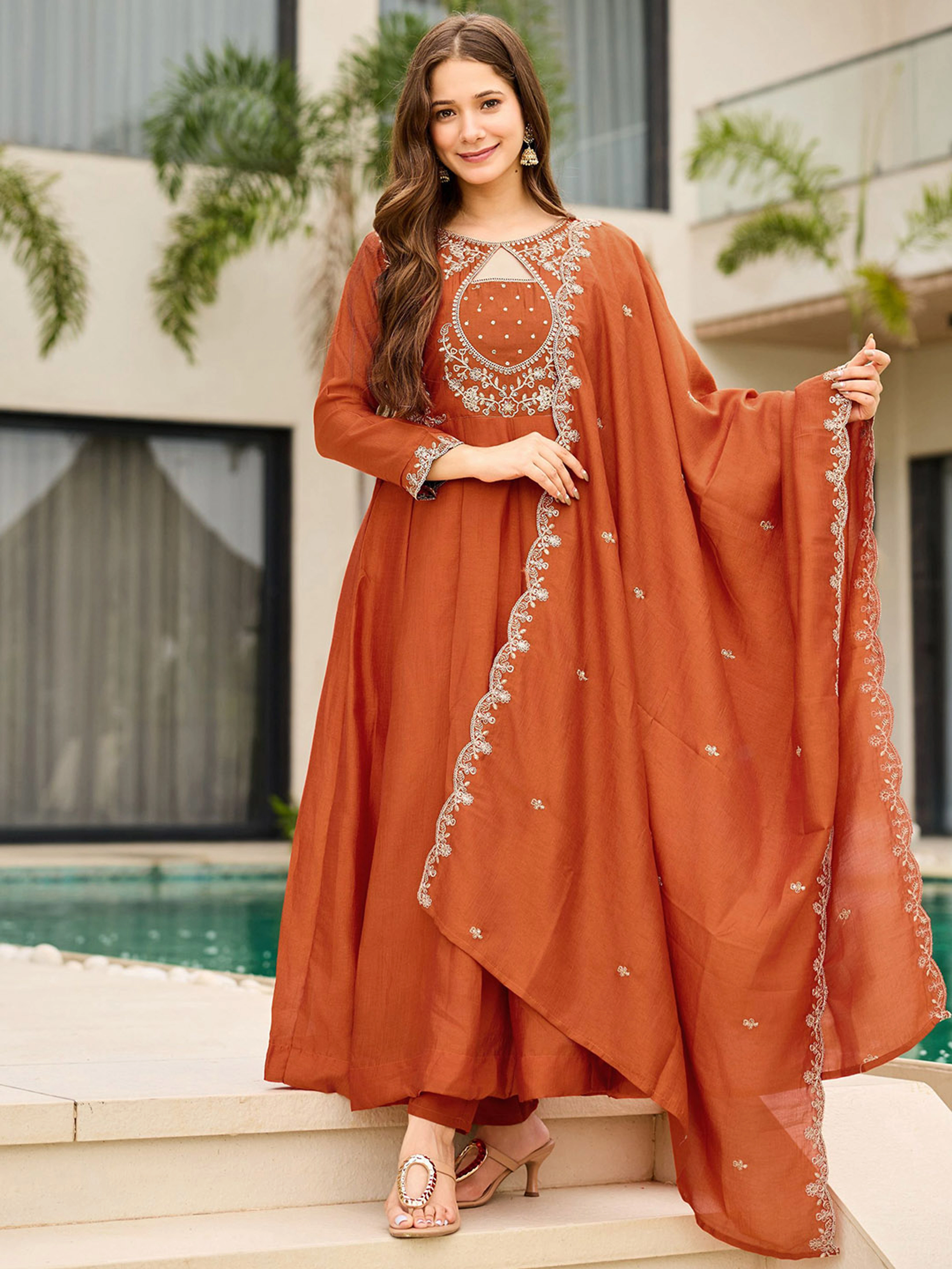 Rust Orange Embroidered Anarkali Kurta Set for Women - Image 4