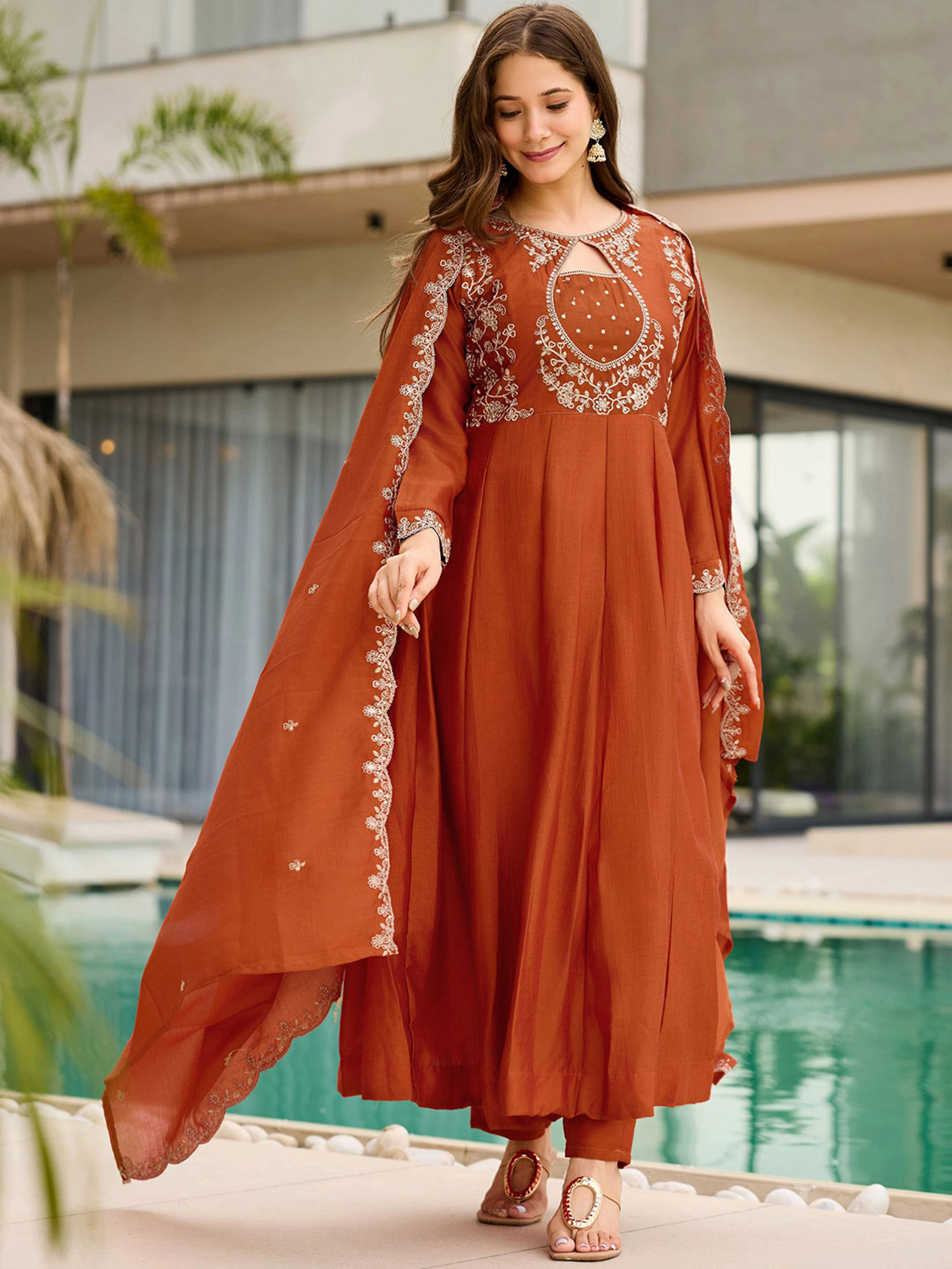 Rust Orange Embroidered Anarkali Kurta Set for Women - Image 5