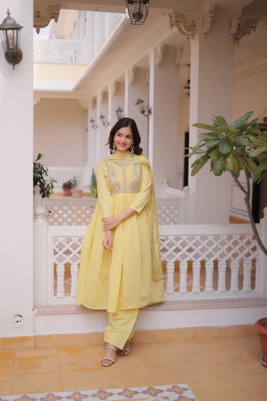 Premium Mal Chanderi Embroidered Gown Pant Dupatta Set for Women - Image 1