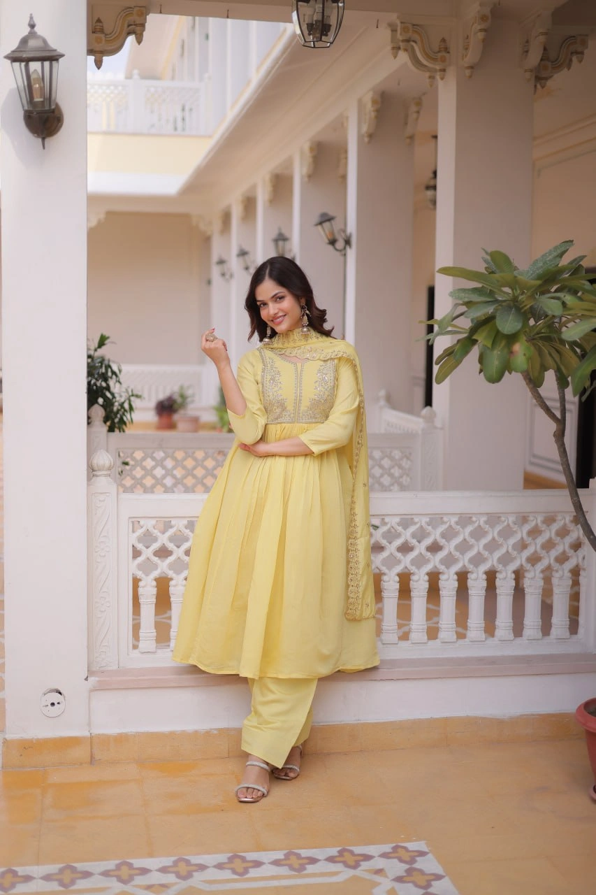 Premium Mal Chanderi Embroidered Gown Pant Dupatta Set for Women - Image 2