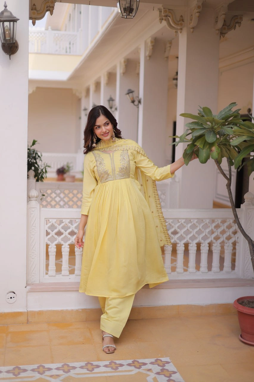 Premium Mal Chanderi Embroidered Gown Pant Dupatta Set for Women - Image 3