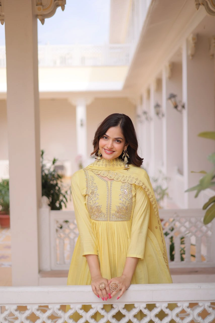 Premium Mal Chanderi Embroidered Gown Pant Dupatta Set for Women - Image 5