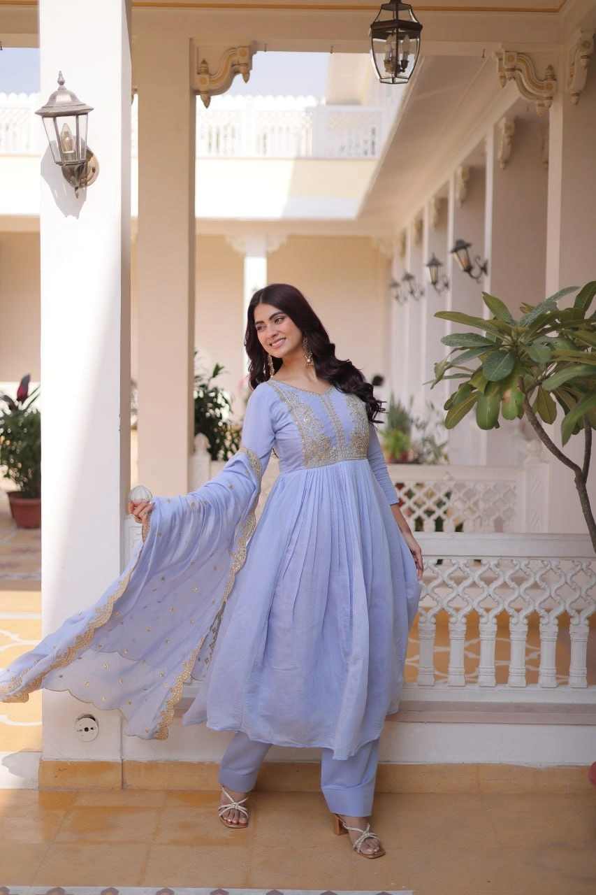 Premium Chanderi Embroidered Gown Pant Dupatta Set for Women - Image 1