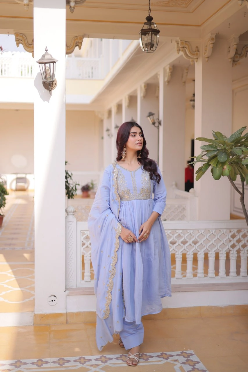 Premium Chanderi Embroidered Gown Pant Dupatta Set for Women - Image 2